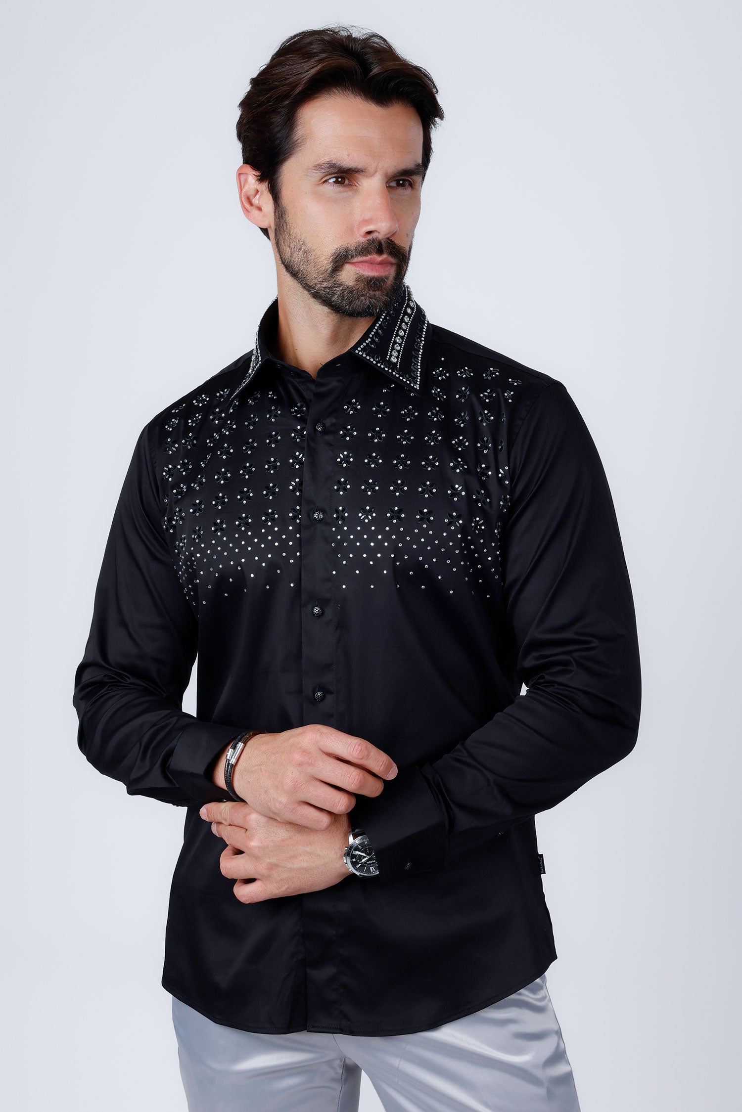 Barabas Men's Rhinestones Button Down Long Sleeve Shirts 4BR412 Black Silver