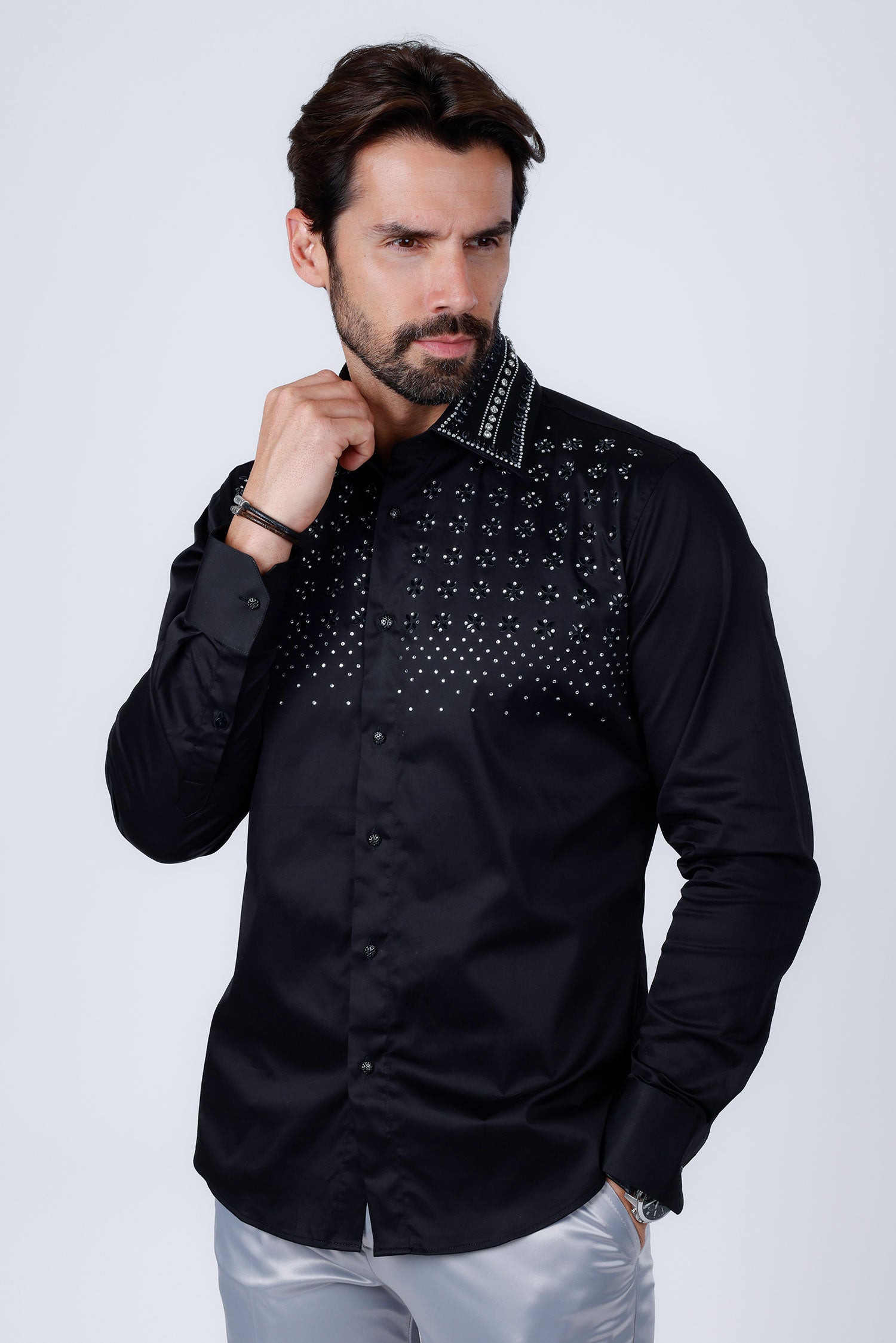 Barabas Men's Rhinestones Button Down Long Sleeve Shirts 4BR412 Black Silver