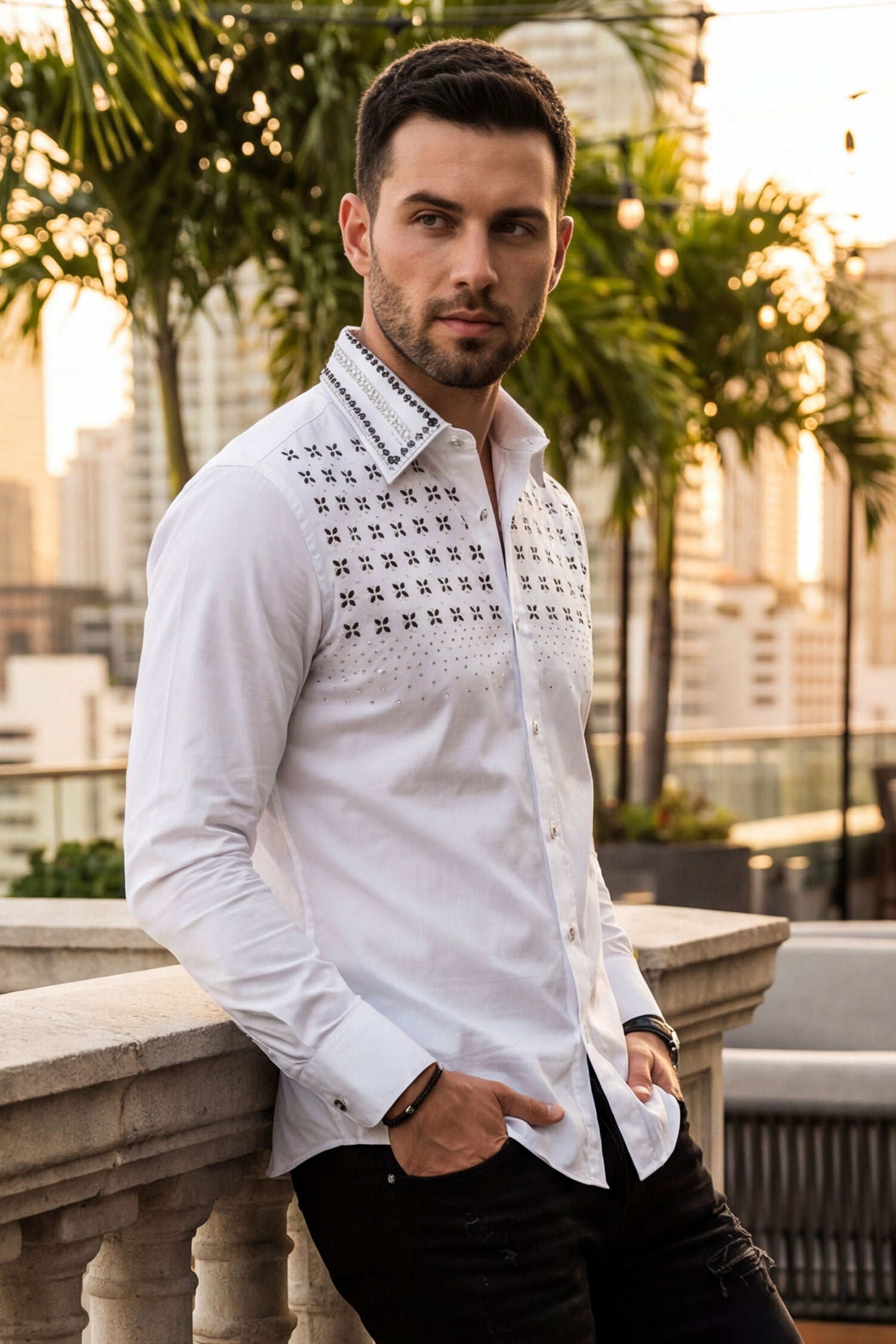 Barabas Men's Rhinestones Button Down Long Sleeve Shirts 4BR412 White Black Silver 