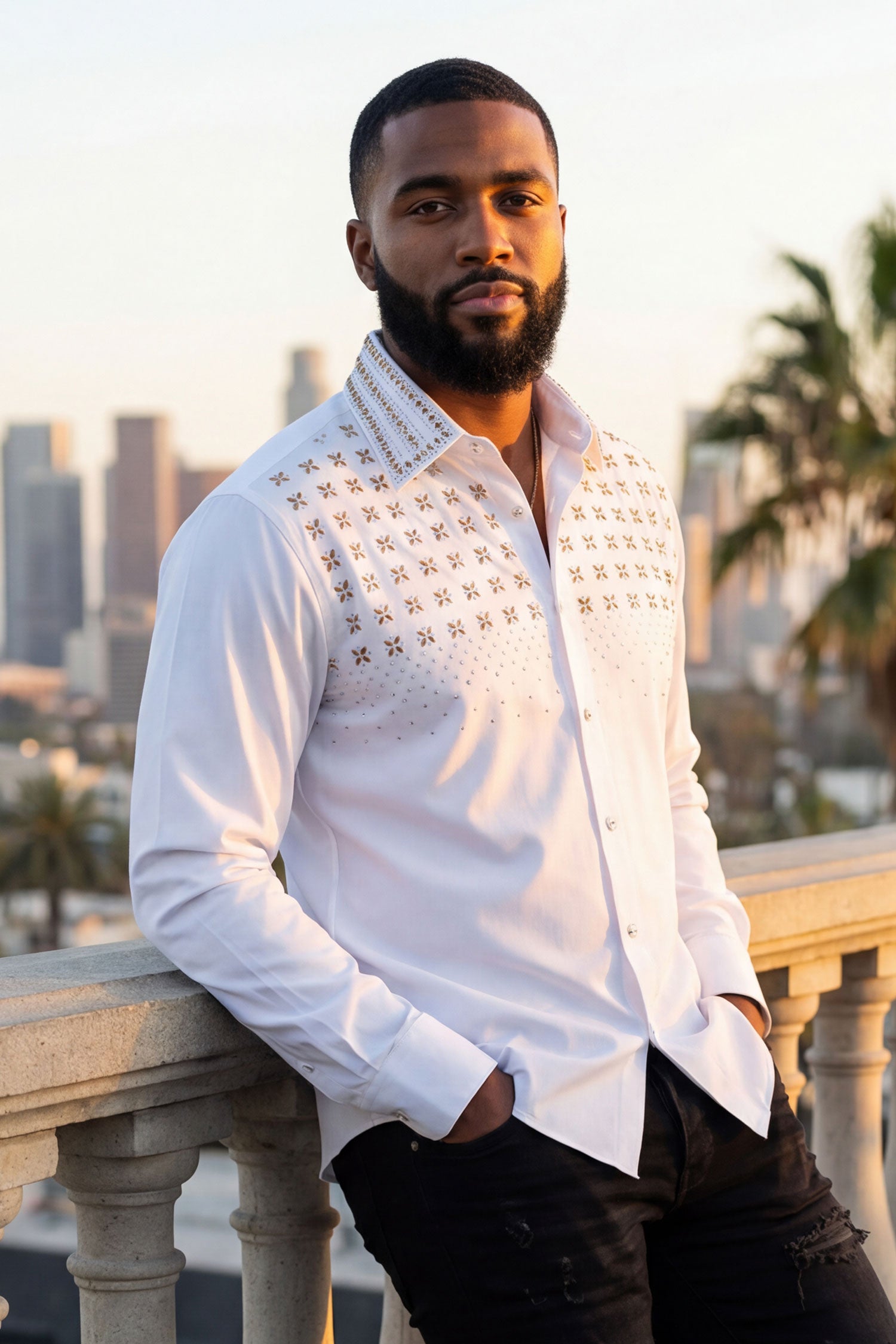 Barabas Men's Rhinestones Button Down Long Sleeve Shirts 4BR412 White Gold