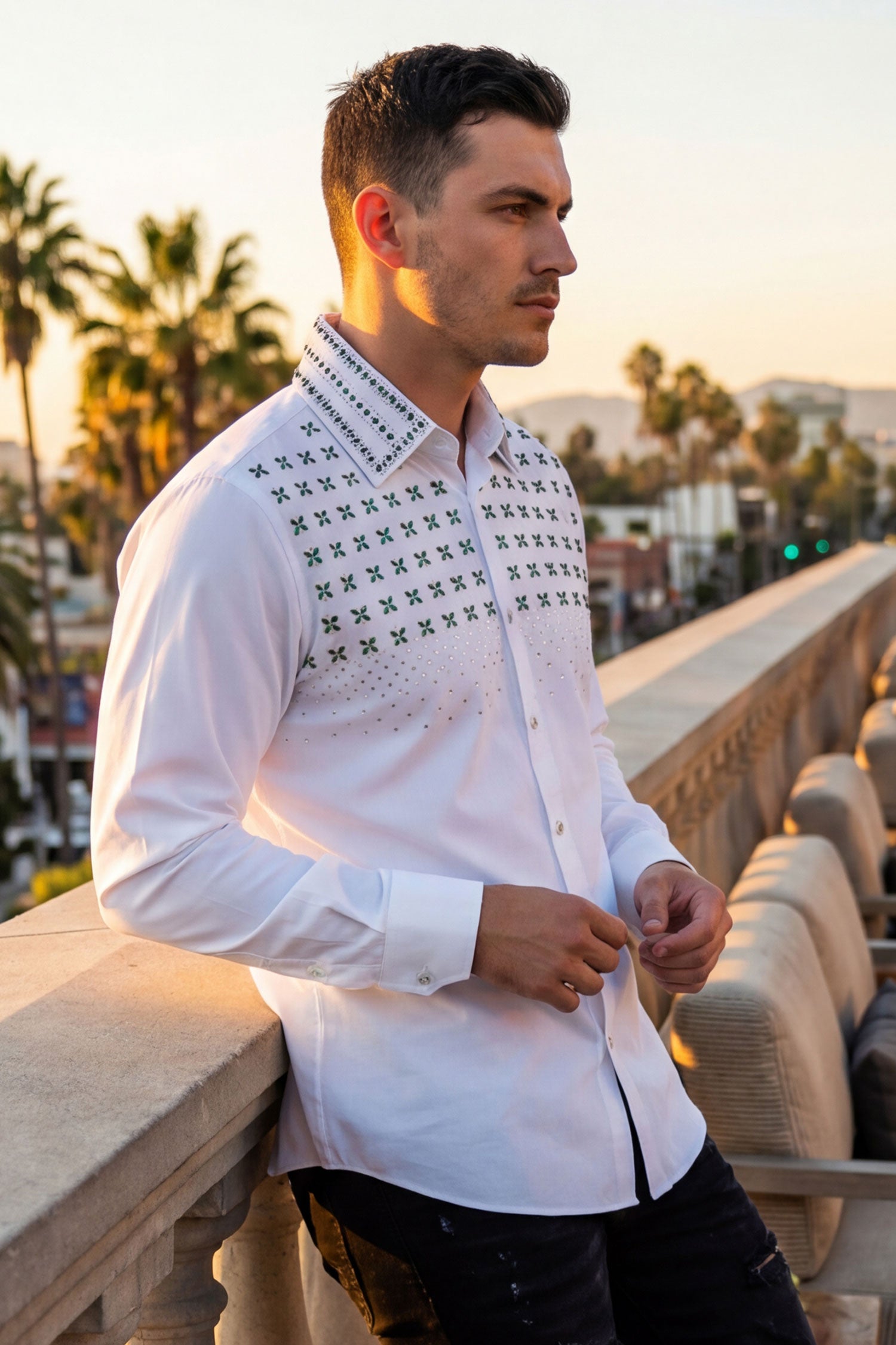 Barabas Men's Rhinestones Button Down Long Sleeve Shirts 4BR412 White Green