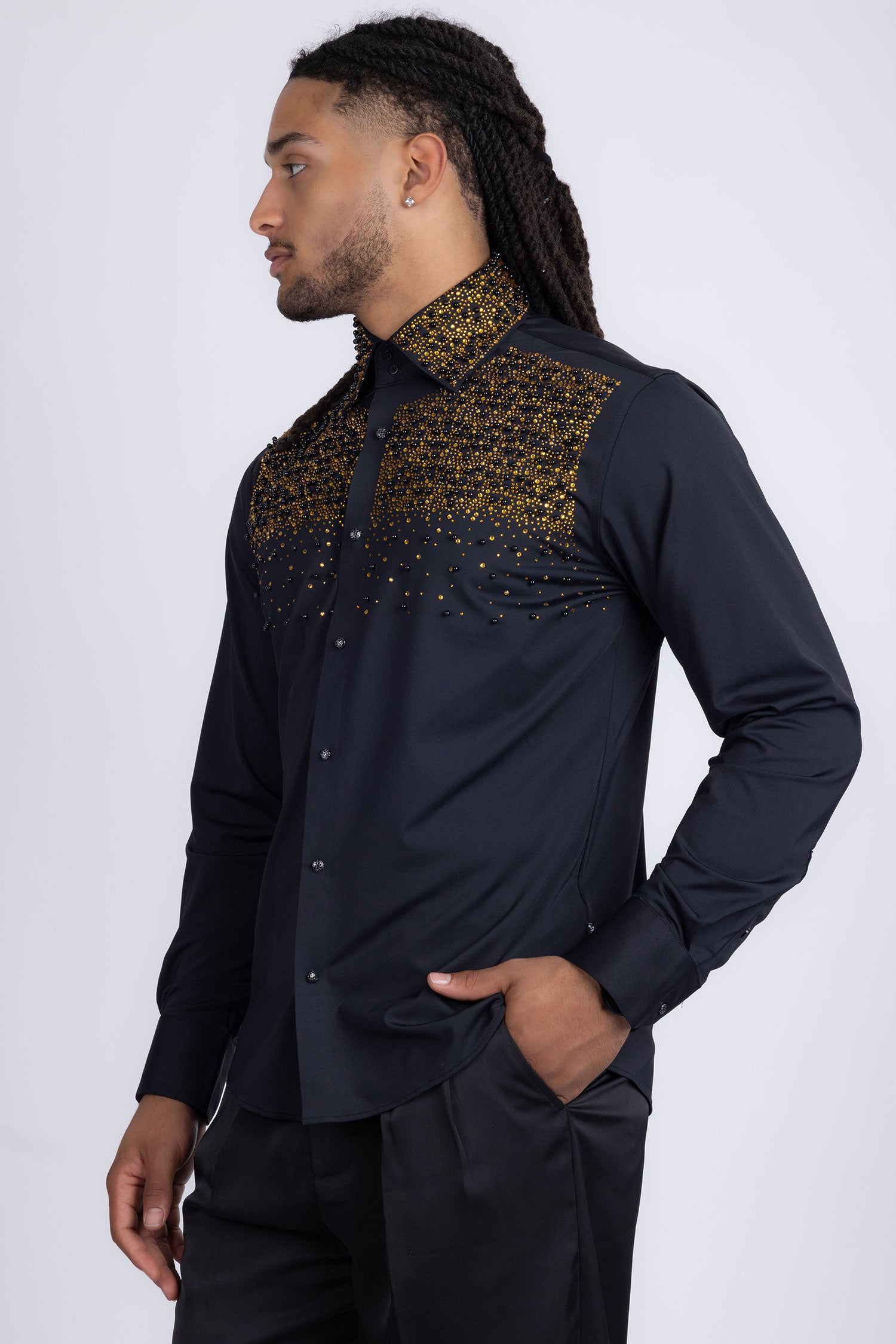 Barabas Men's Rhinestones Pearls Button Down Long Sleeve Shirts 4BR413 Black Gold