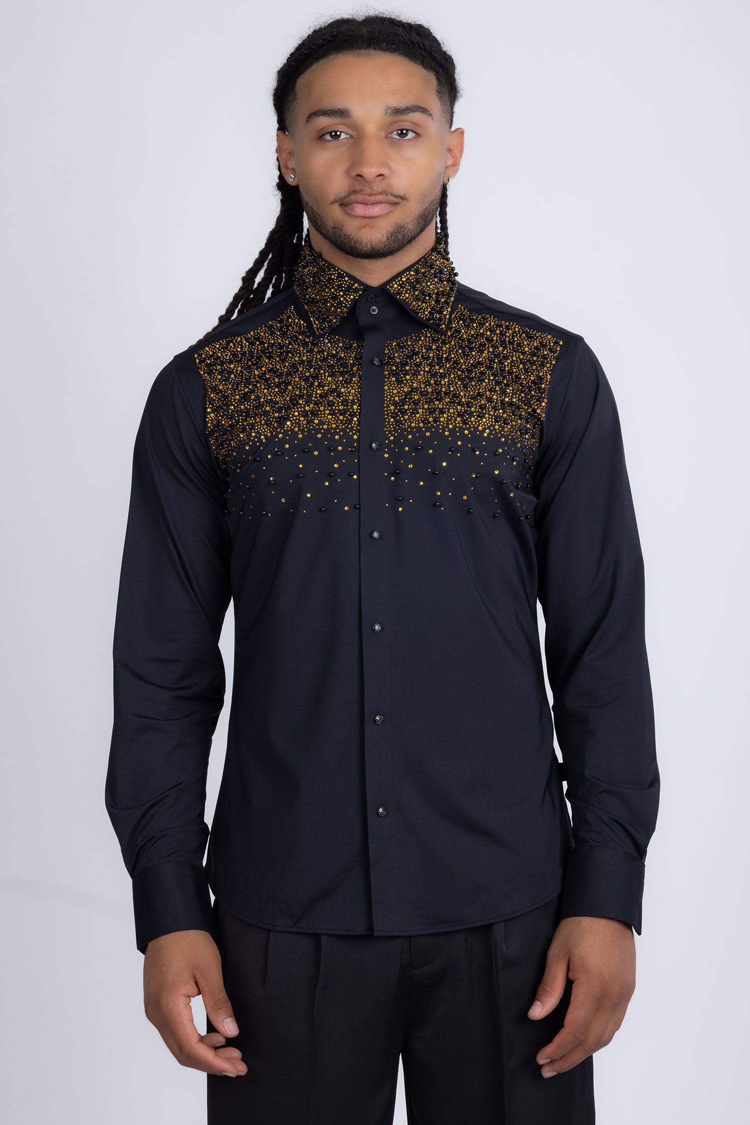 Barabas Men's Rhinestones Pearls Button Down Long Sleeve Shirts 4BR413 Black Gold