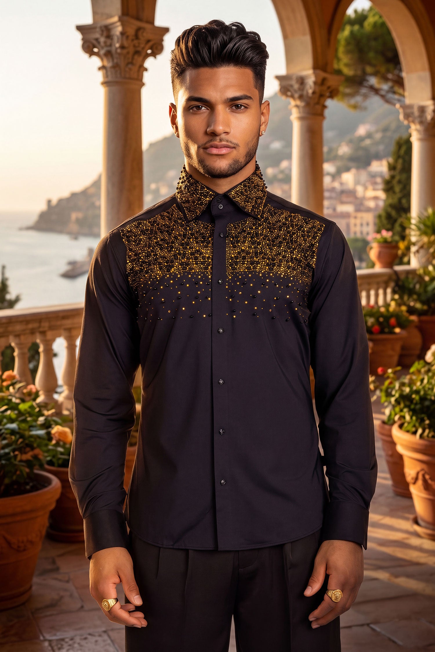 Barabas Men's Rhinestones Pearls Button Down Long Sleeve Shirts 4BR413 Black Gold