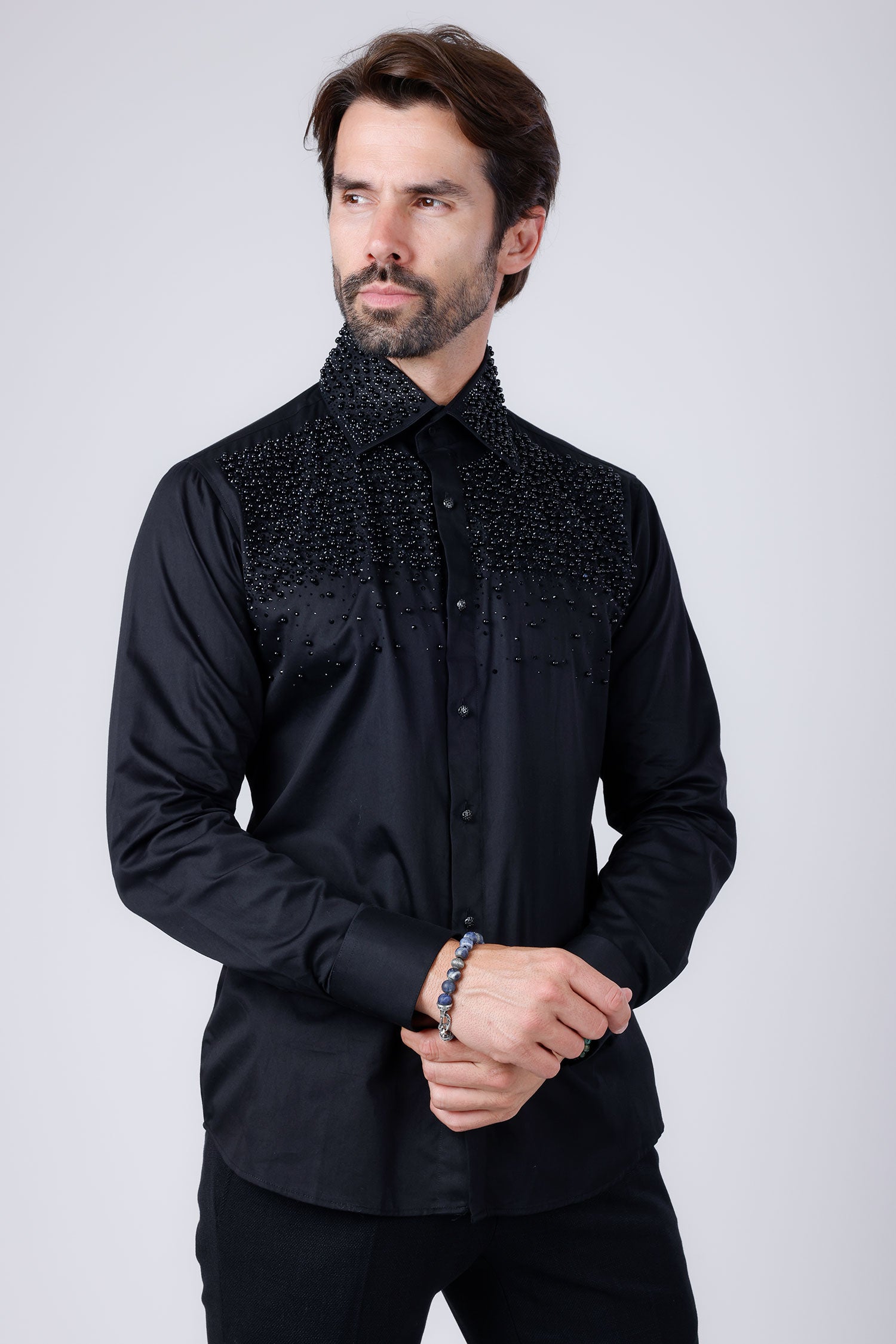 Barabas Men's Rhinestones Pearls Button Down Long Sleeve Shirts 4BR413 Black Black