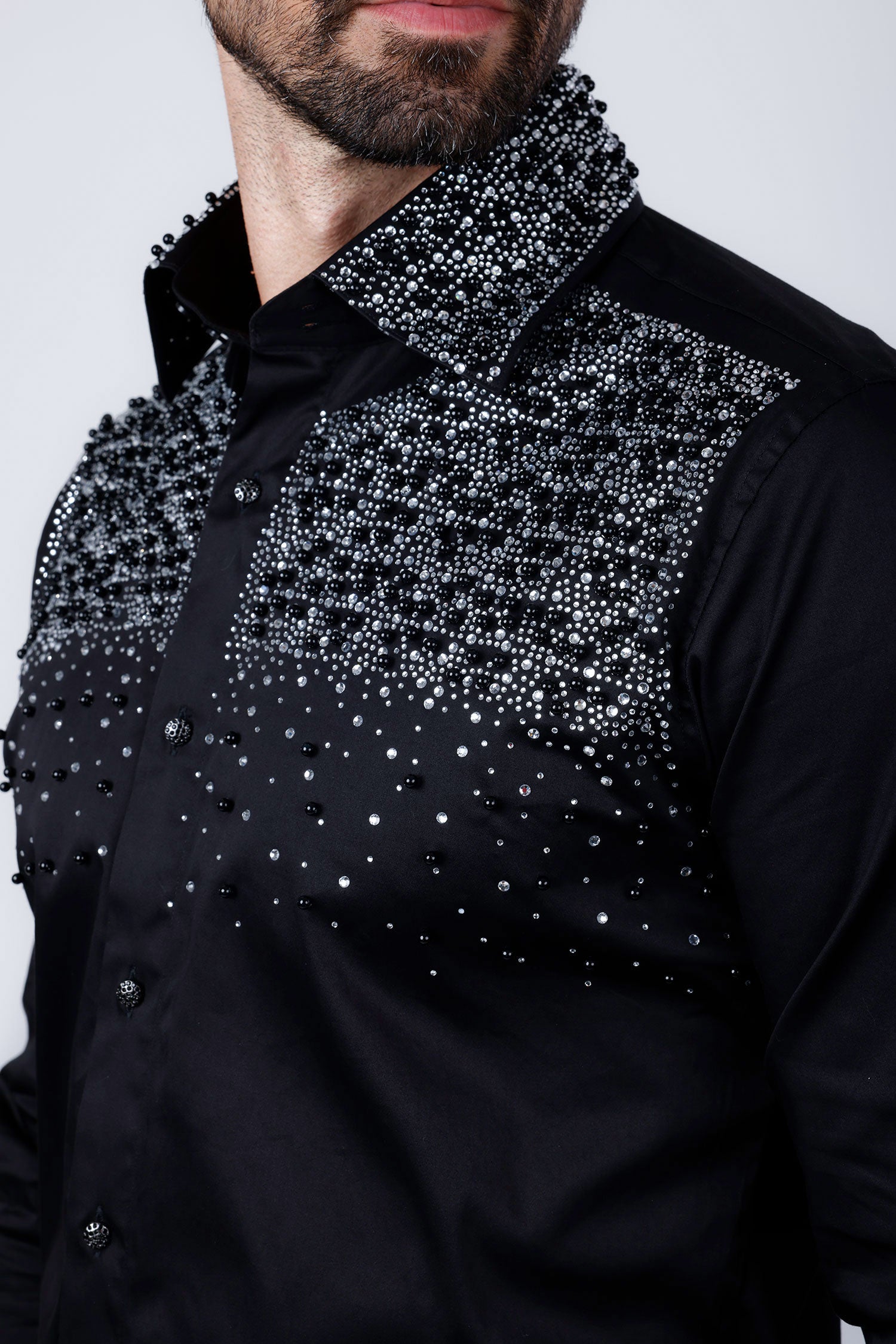 Barabas Men's Rhinestones Pearls Button Down Long Sleeve Shirts 4BR413 Black Silver