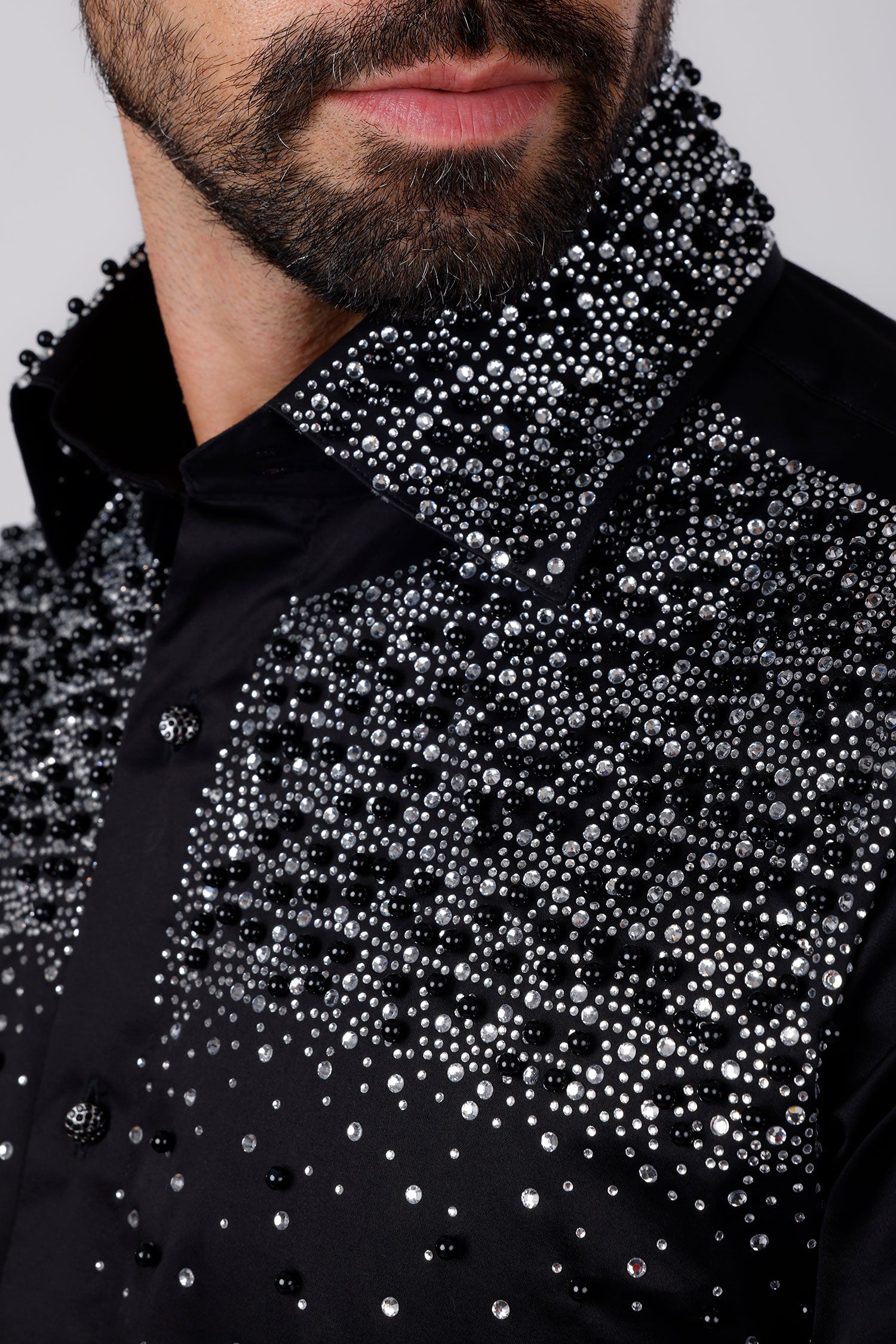 Barabas Men's Rhinestones Pearls Button Down Long Sleeve Shirts 4BR413 Silver