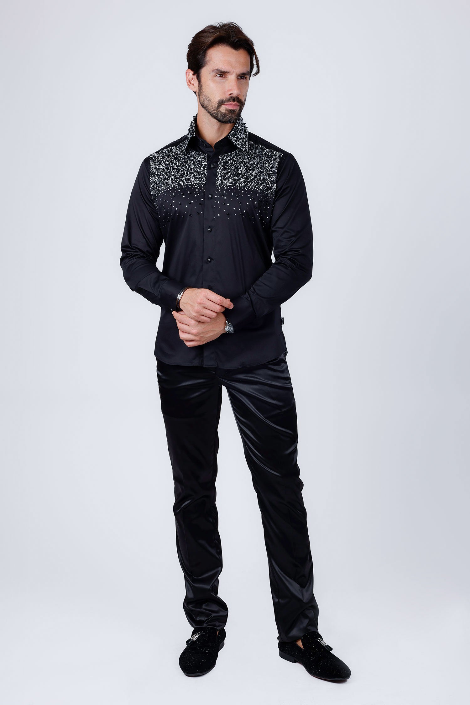 Barabas Men's Rhinestones Pearls Button Down Long Sleeve Shirts 4BR413 Black Silver