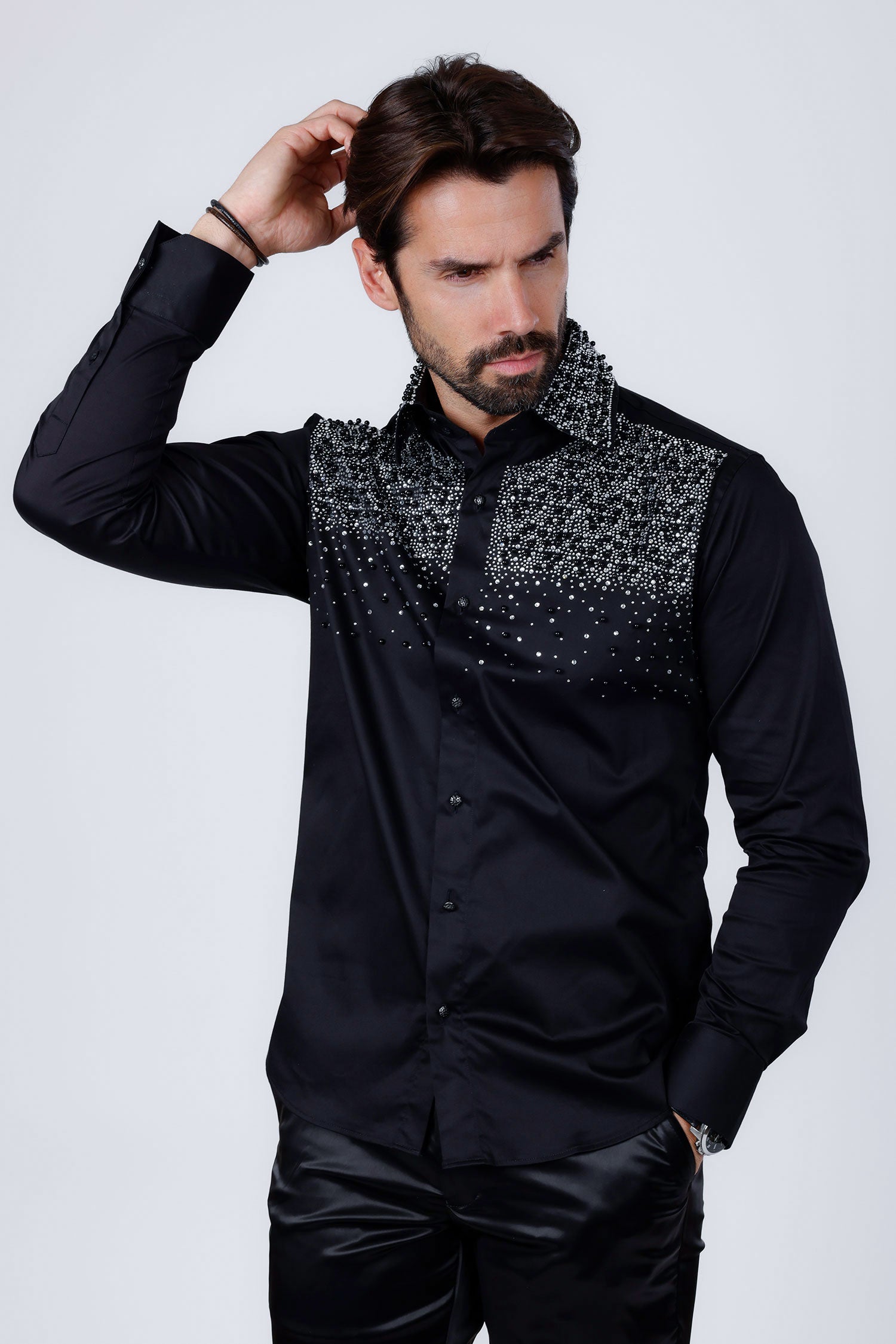 Barabas Men's Rhinestones Pearls Button Down Long Sleeve Shirts 4BR413 Black