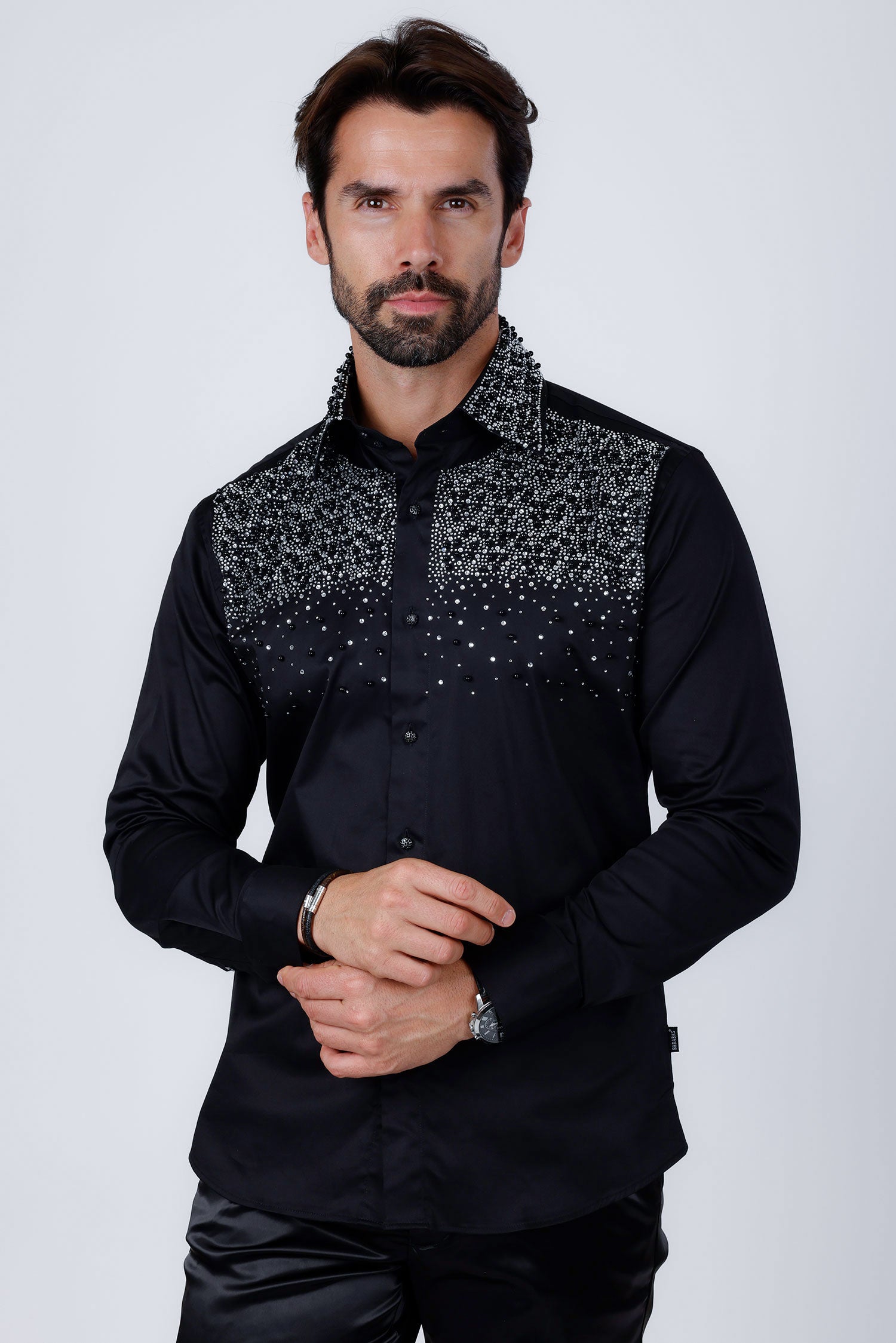 Barabas Men's Rhinestones Pearls Button Down Long Sleeve Shirts 4BR413 Silver