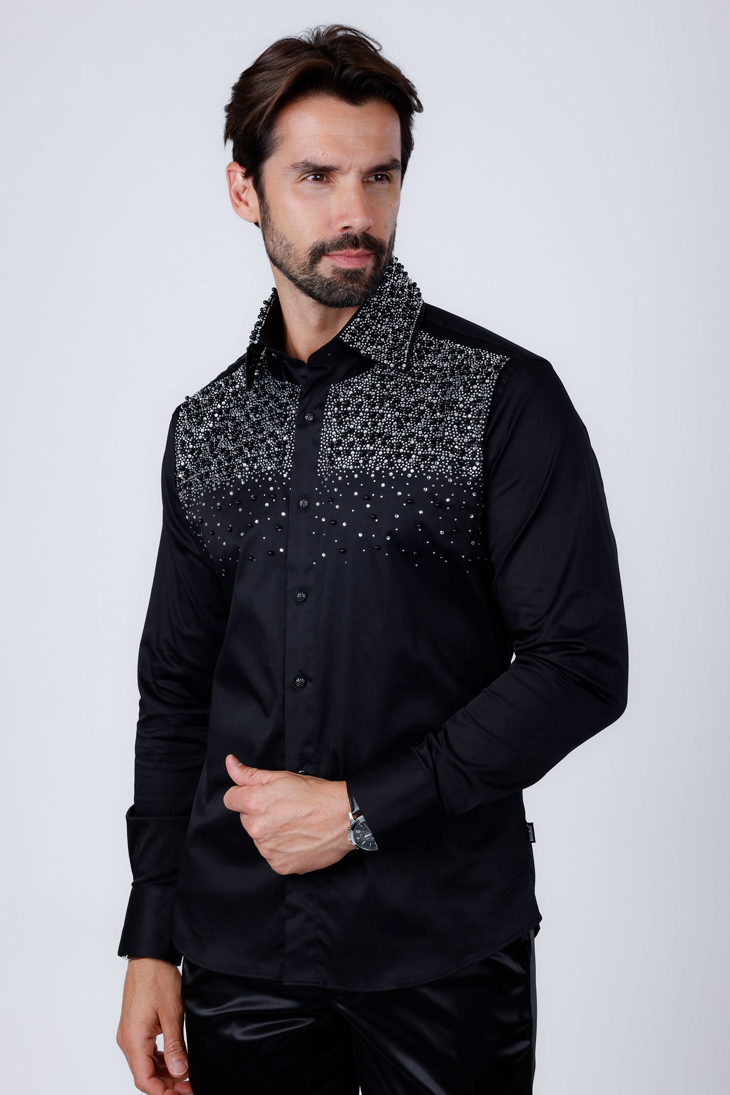 Barabas Men's Rhinestones Pearls Button Down Long Sleeve Shirts 4BR413 Black Silver