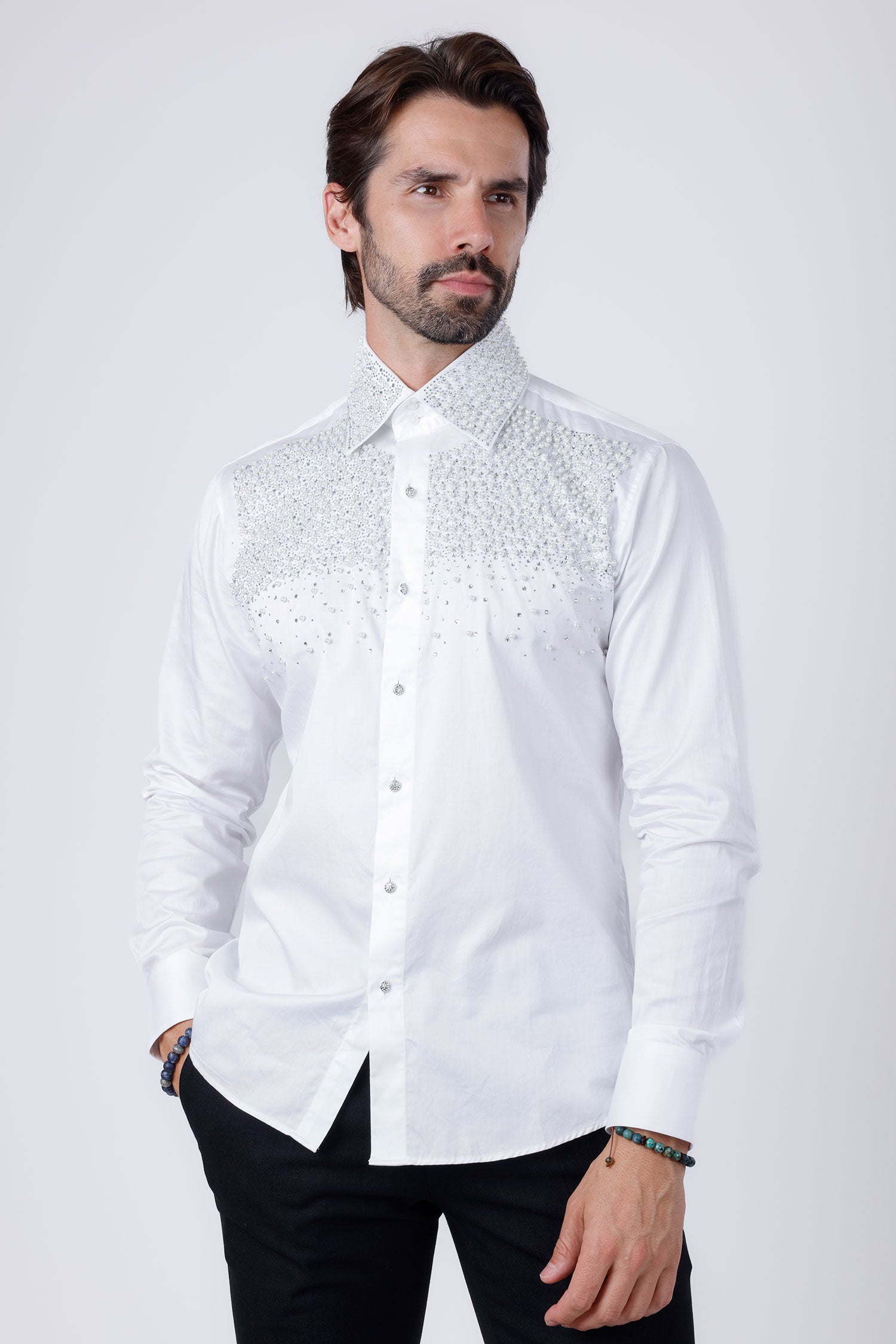 Barabas Men's Rhinestones Pearls Button Down Long Sleeve Shirts 4BR413 White Silver