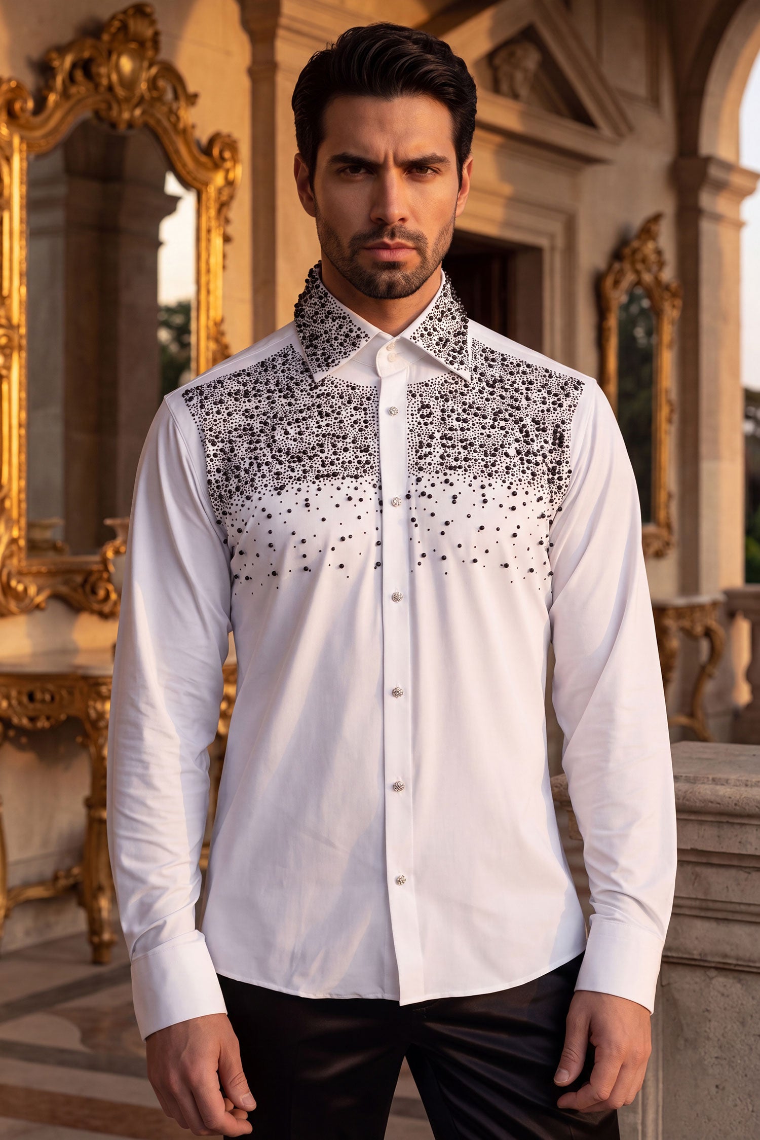Barabas Men's Rhinestones Pearls Button Down Long Sleeve Shirts 4BR413 White Black
