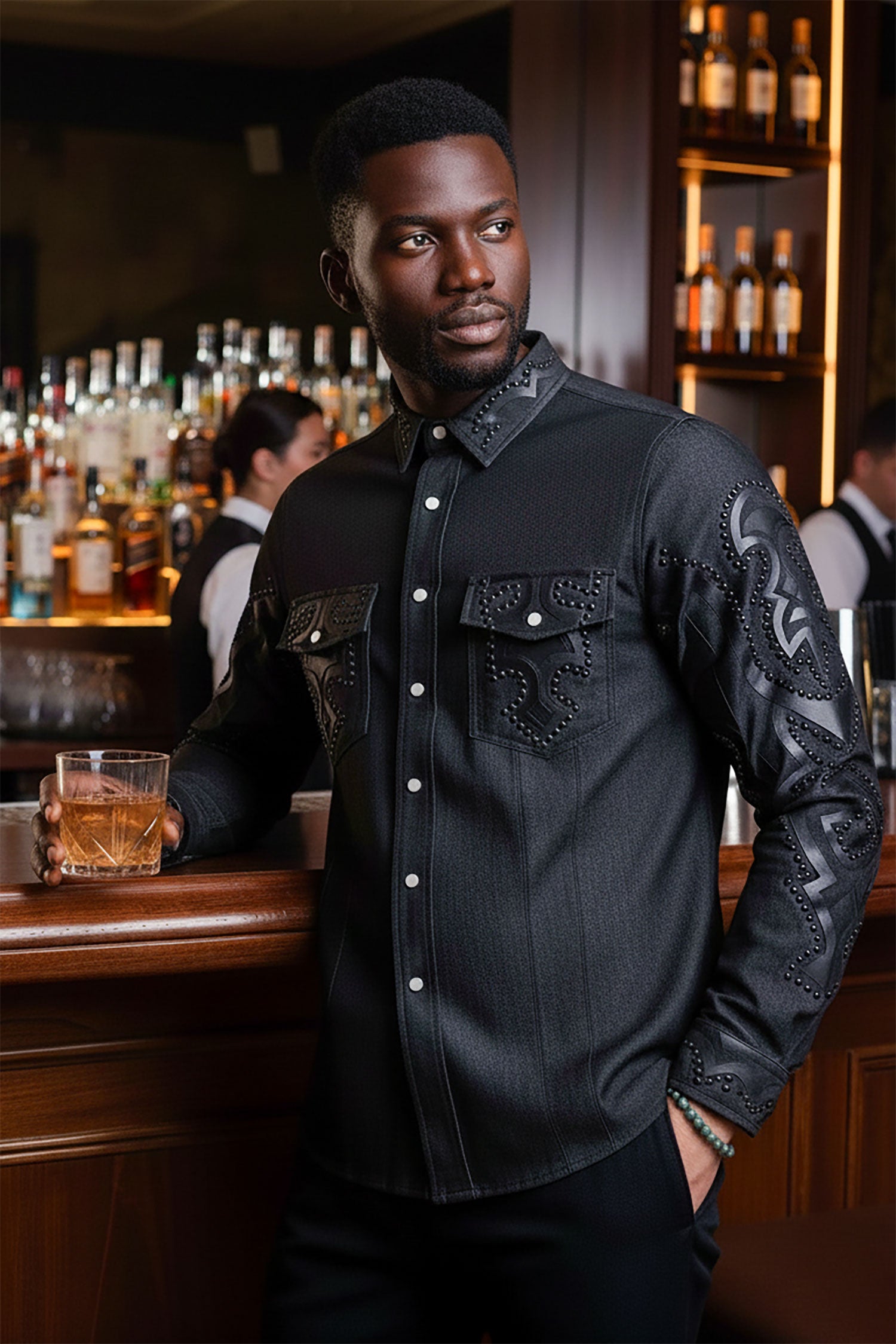 Barabas Men's Studded Stretchy Button Down Long Sleeve Shirts 4BR414 Black