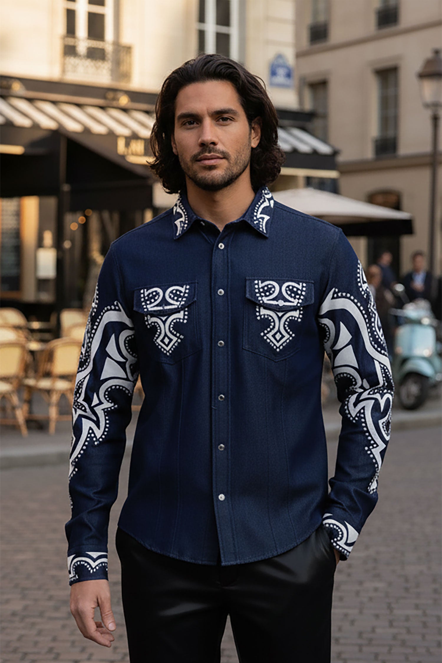 Barabas Men's Studded Stretchy Button Down Long Sleeve Shirts 4BR414 Blue