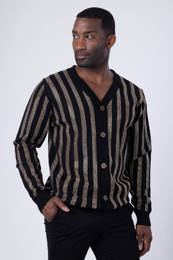 Barabas Men's Rhinestone Geometric Stretch Cardigan Sweater 4CJ02 Black Gold