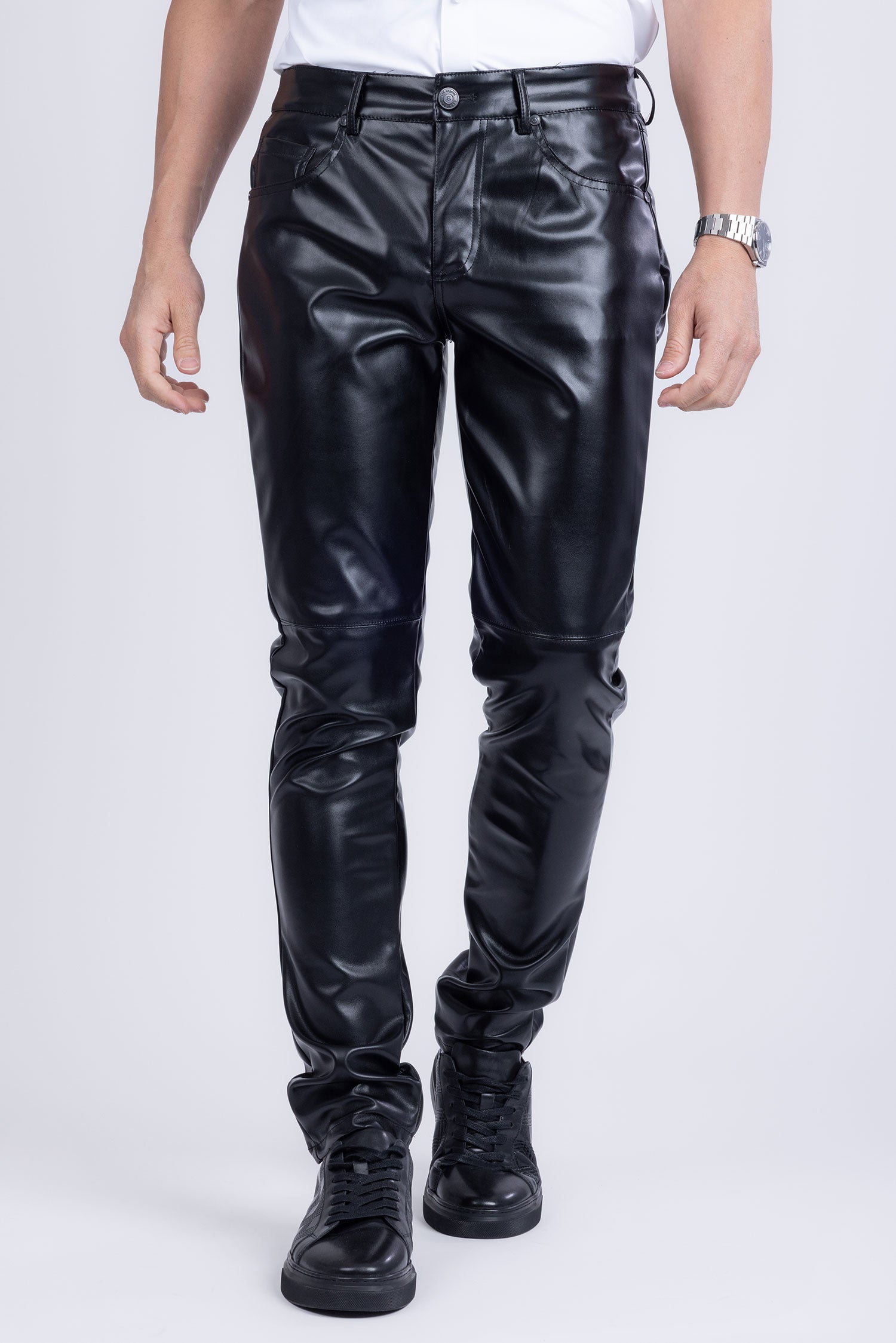 Barabas Men's PU Leather Shiny Stretch Casual Pants 4CP100 Black
