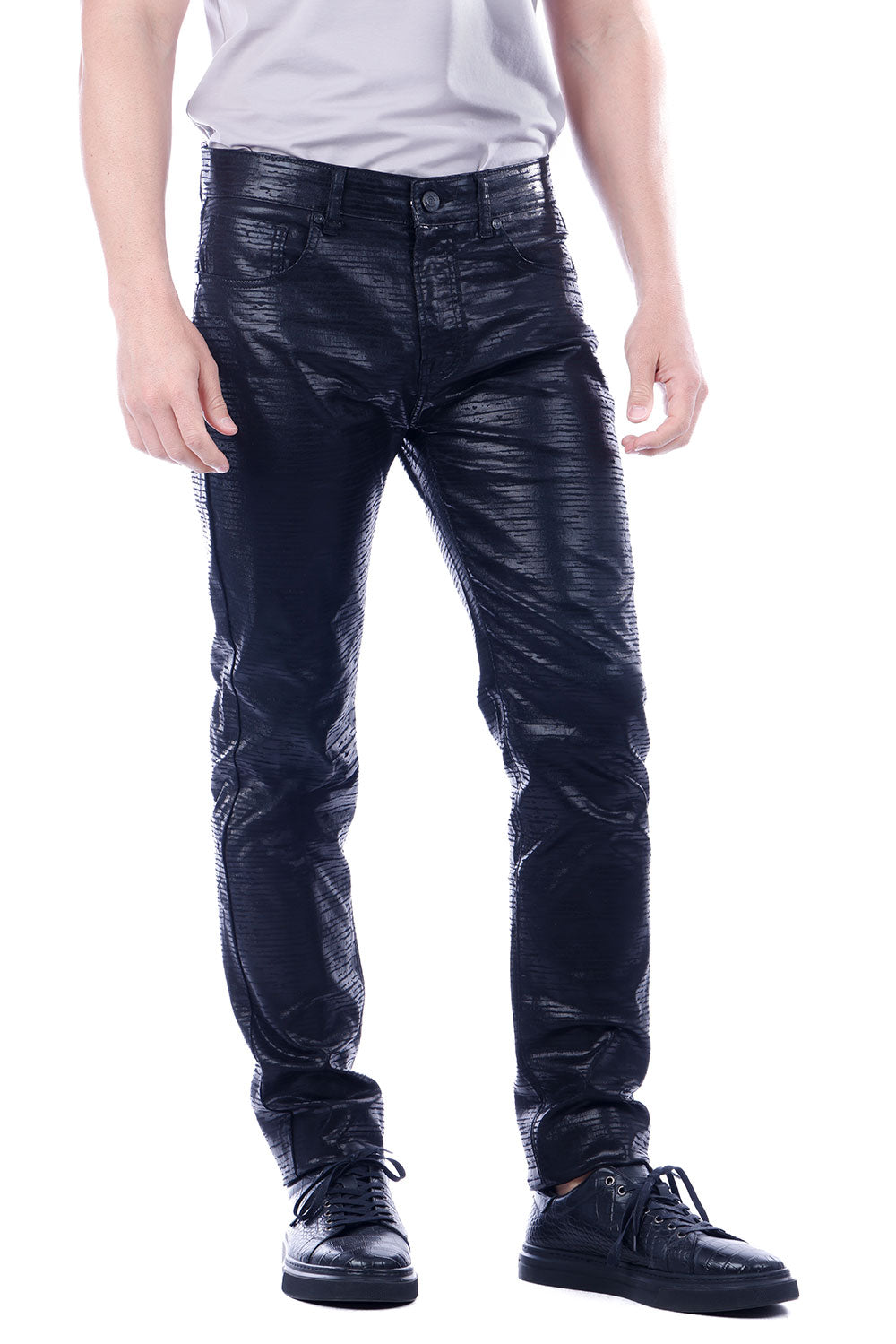 Barabas Men's Shiny Textured Premium Stretch Pants 4CP20 Black