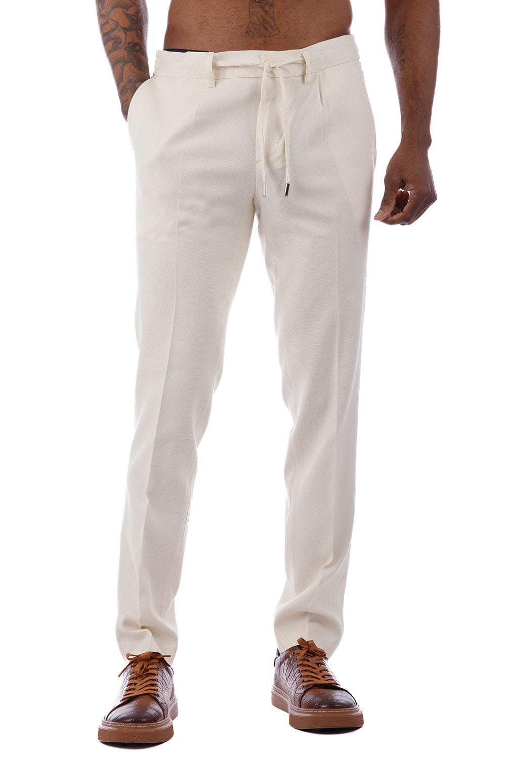 Barabas Men's Adjustable Waistband Drawstring Linen Pants 4CP30 Cream