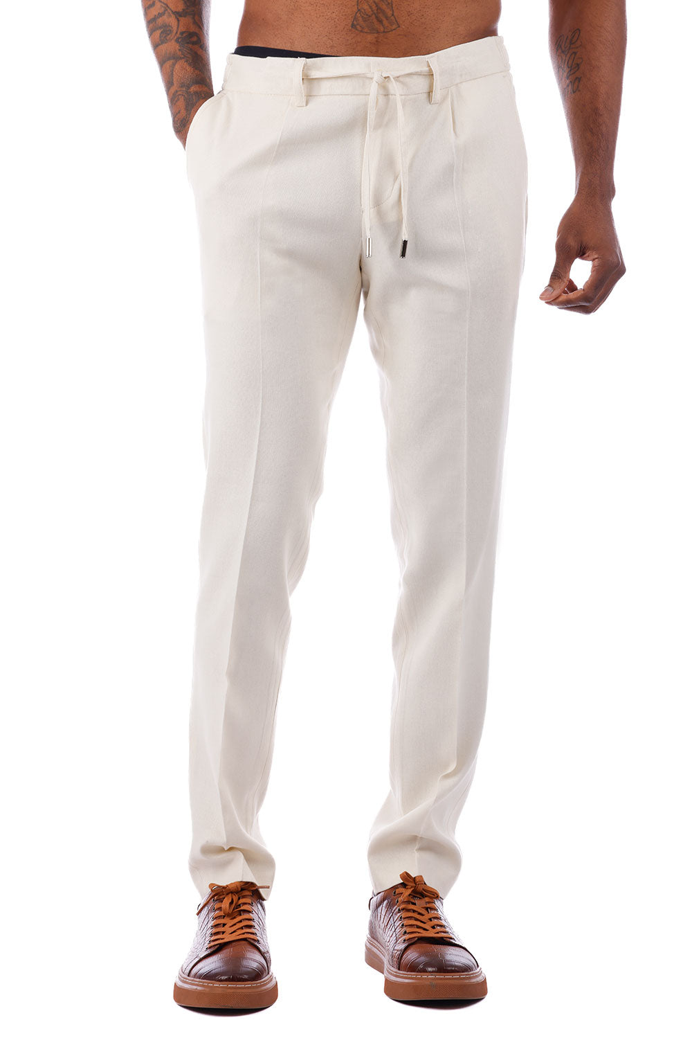 Barabas Men's Adjustable Waistband Drawstring Linen Pants 4CP30 Cream