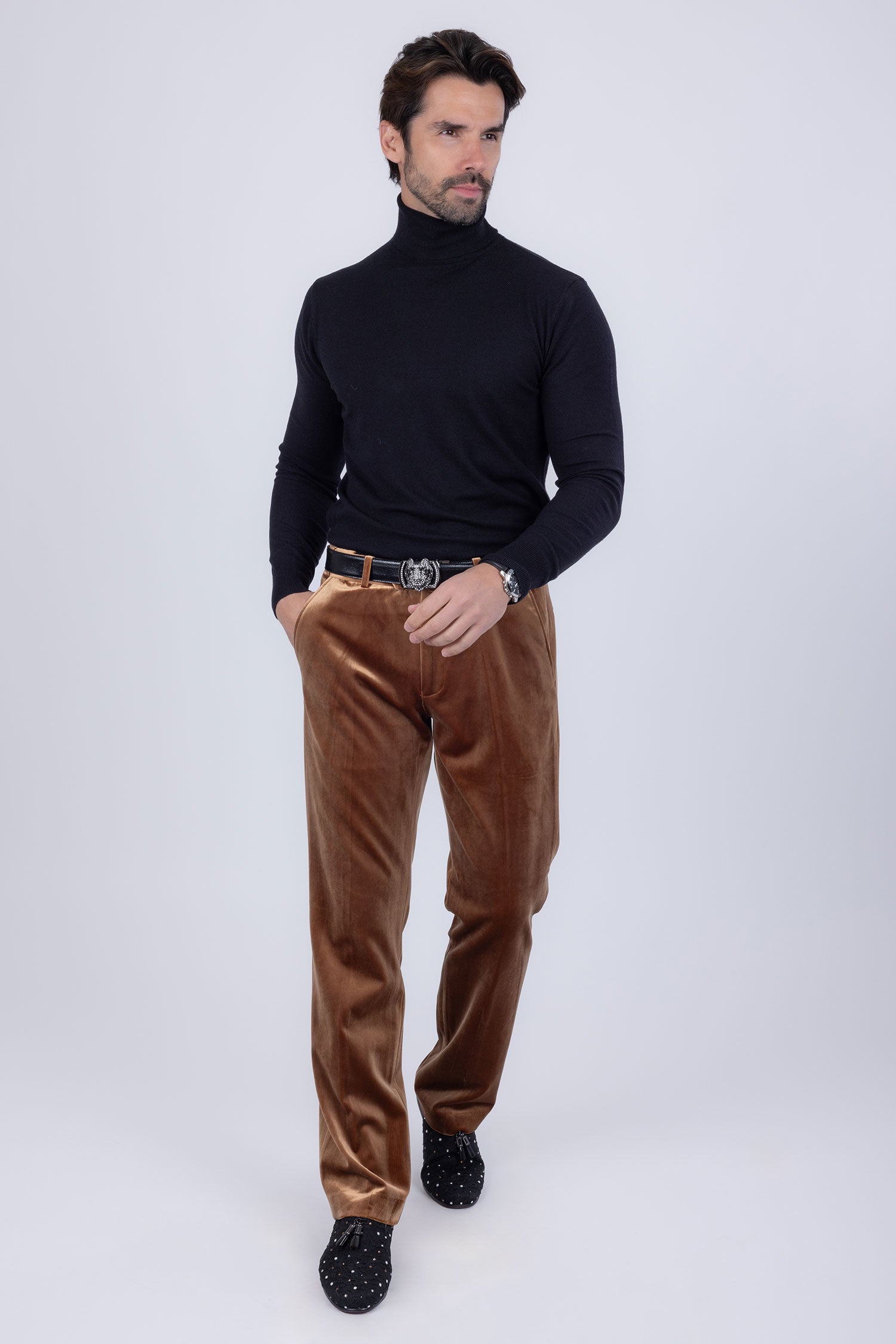 Barabas Men's Velvet Shiny Slim Fit Solid Color Shiny Pants 4CP40 Coffee