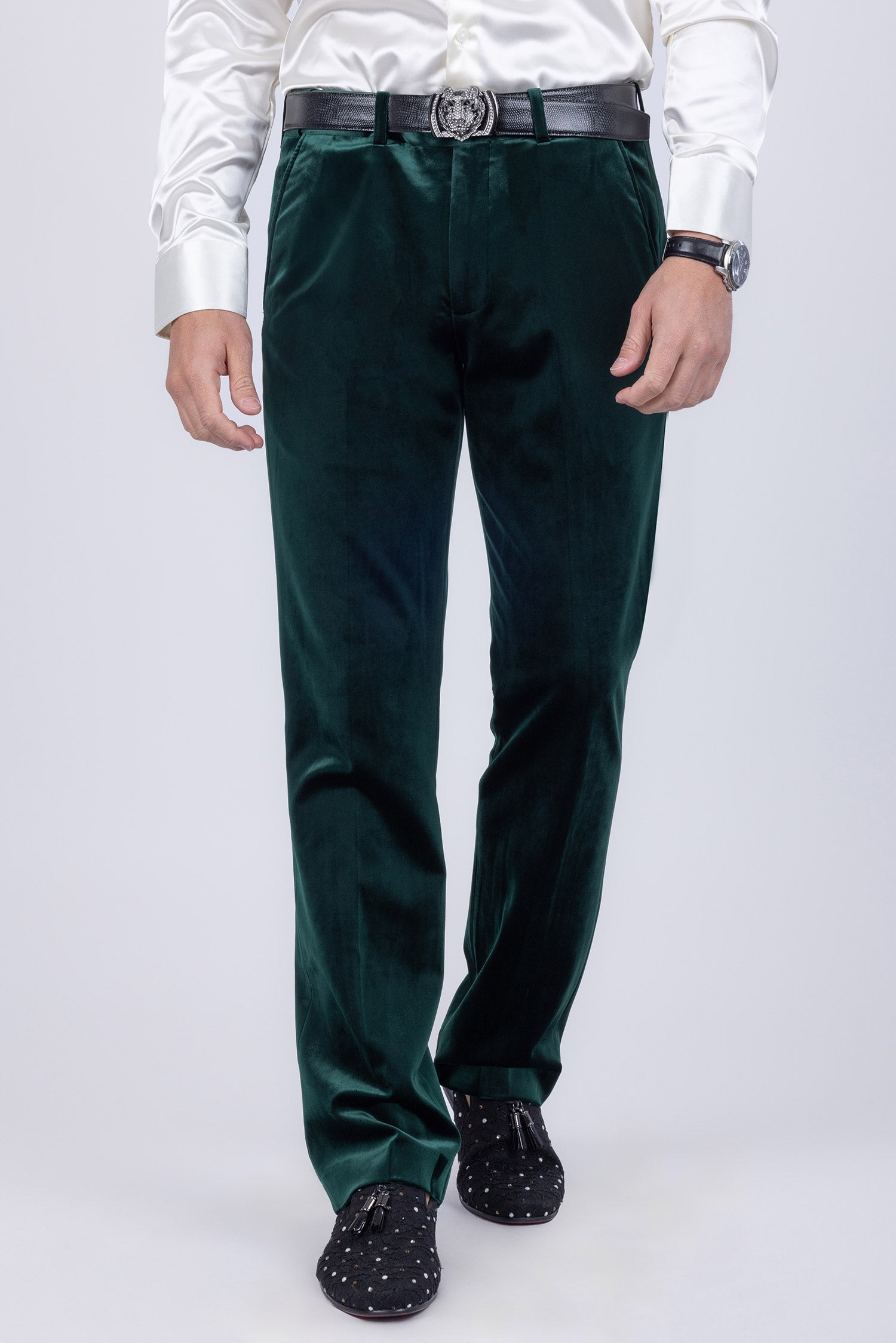 Barabas Men's Velvet Shiny Slim Fit Solid Color Shiny Pants 4CP40 Green