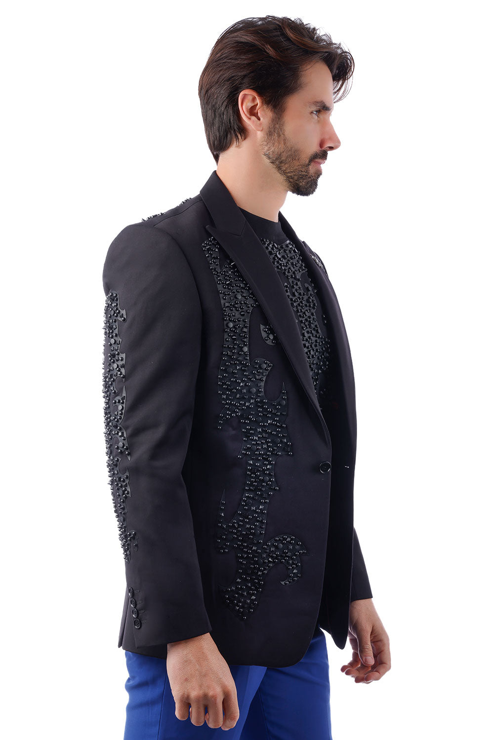 BARABAS Men's Jewels Studded Rhinestone Peak Lapel Blazer 4EBL35 Black