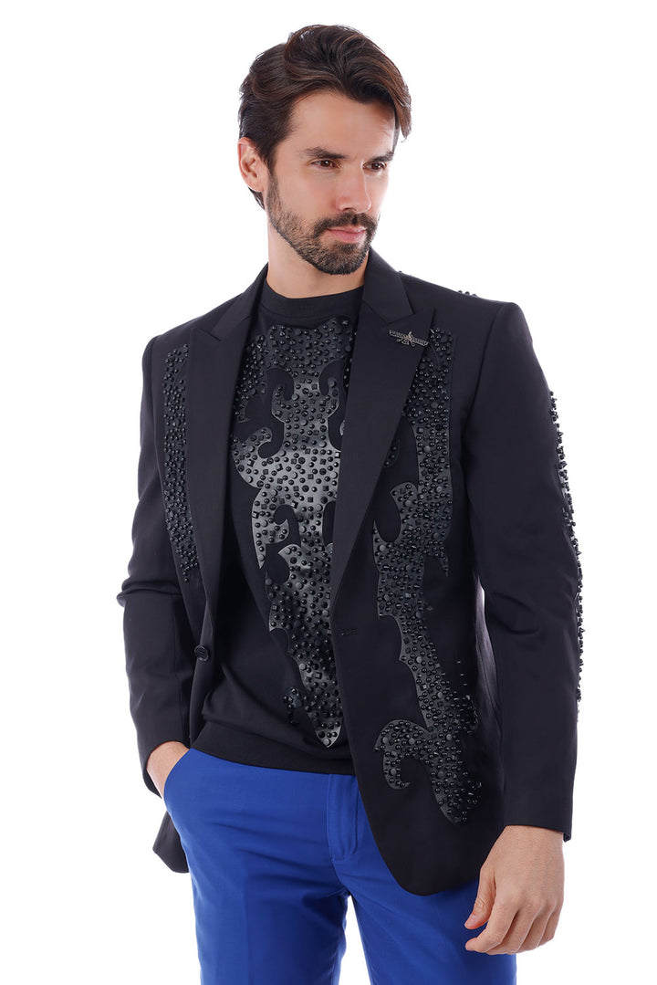 BARABAS Men's Jewels Studded Rhinestone Peak Lapel Blazer 4EBL35 Black