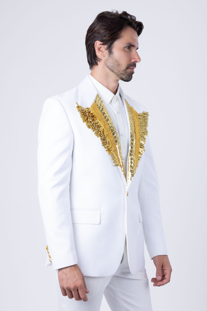 Barabas Men's Pearls Gold Leaf Decorative Peak Lapel Blazer 4EBL45 White