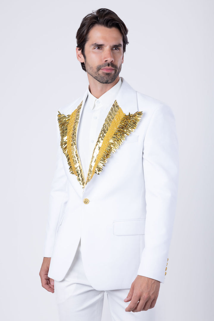 Barabas Men's Pearls Gold Leaf Decorative Peak Lapel Blazer 4EBL45 White