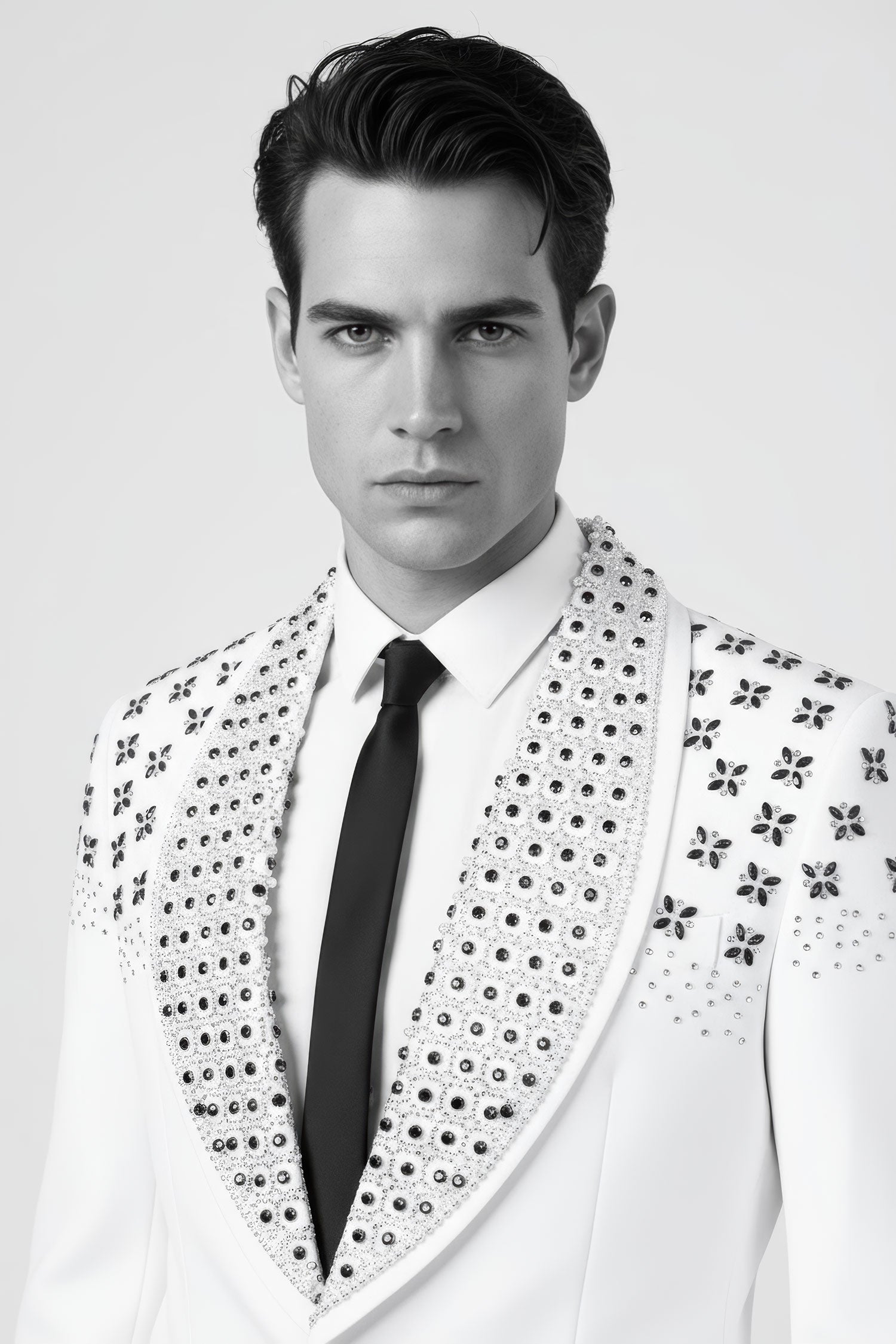 Barabas Men's Floral Pattern Rhinestone Shawl Lapel Blazer 4EBL46 White
