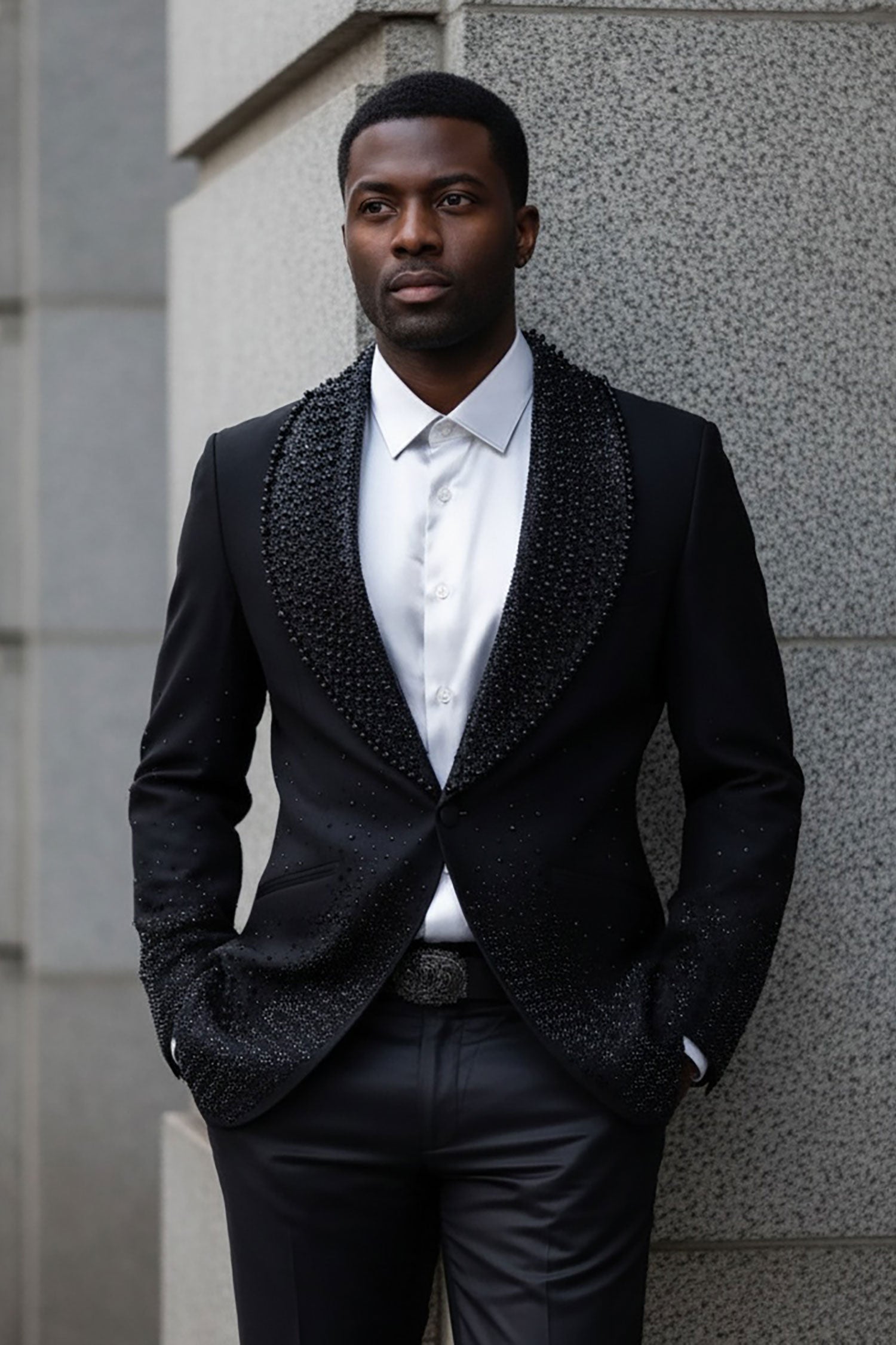 Barabas Men's Rhinestone Studded Geometric Shawl Lapel Blazer 4EBL47 Black
