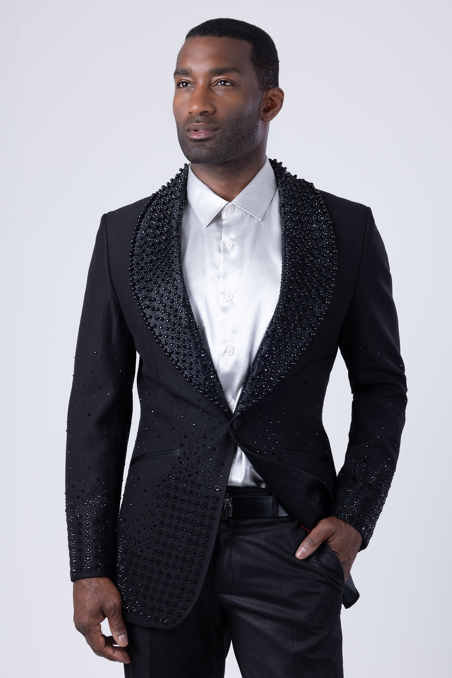 Barabas Men's Rhinestone Studded Geometric Shawl Lapel Blazer 4EBL47 Black