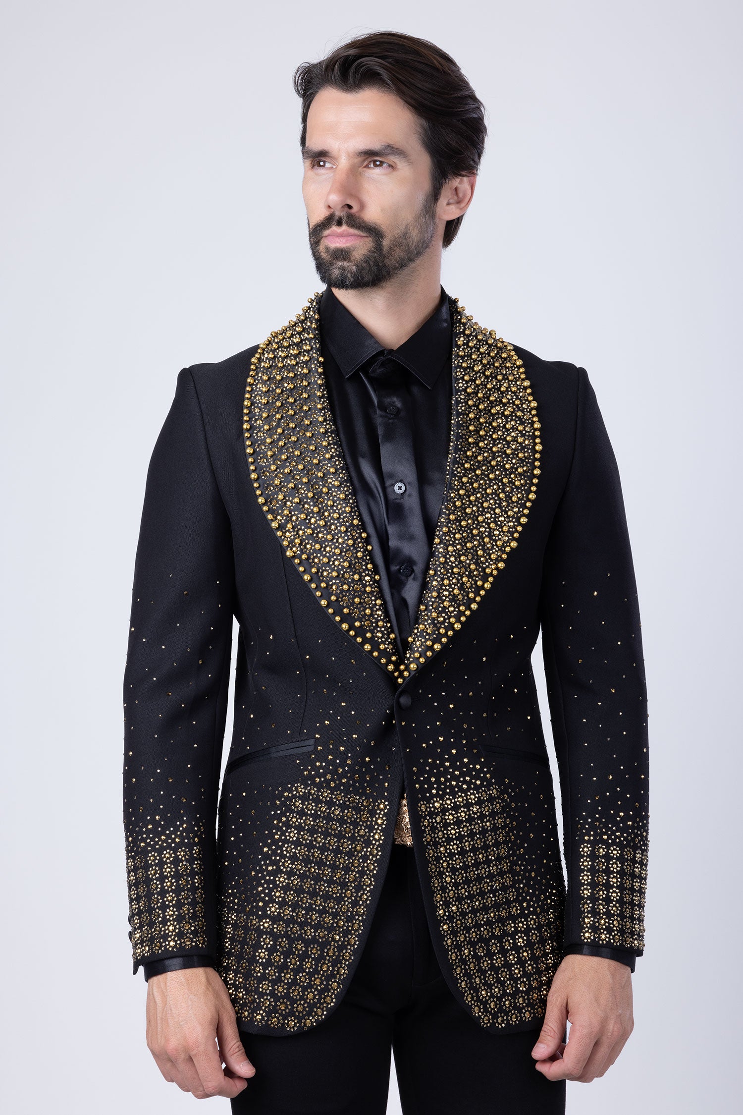 Barabas Men's Rhinestone Studded Geometric Shawl Lapel Blazer 4EBL47 Gold Black