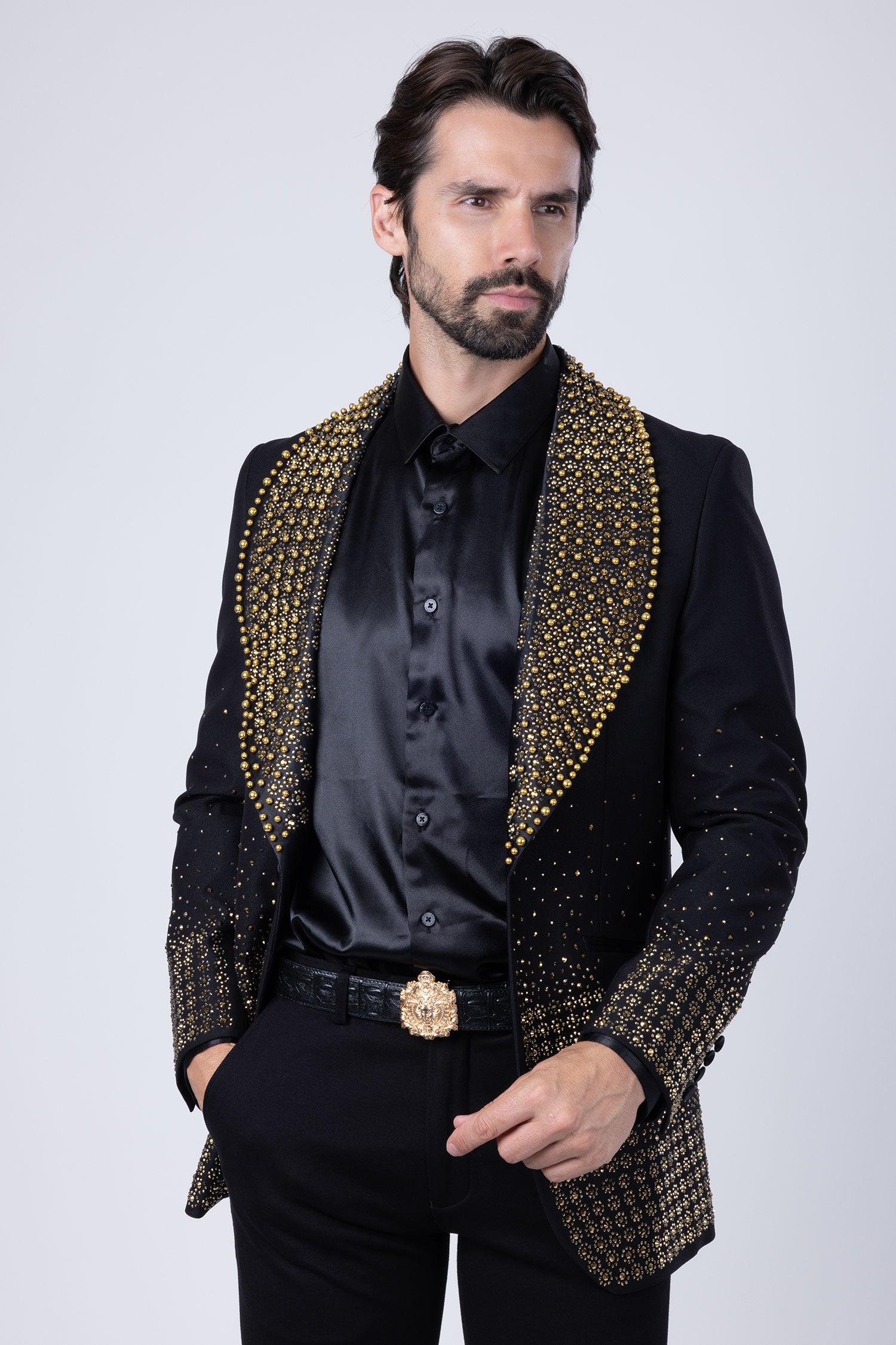 Barabas Men's Rhinestone Studded Geometric Shawl Lapel Blazer 4EBL47 Black Gold