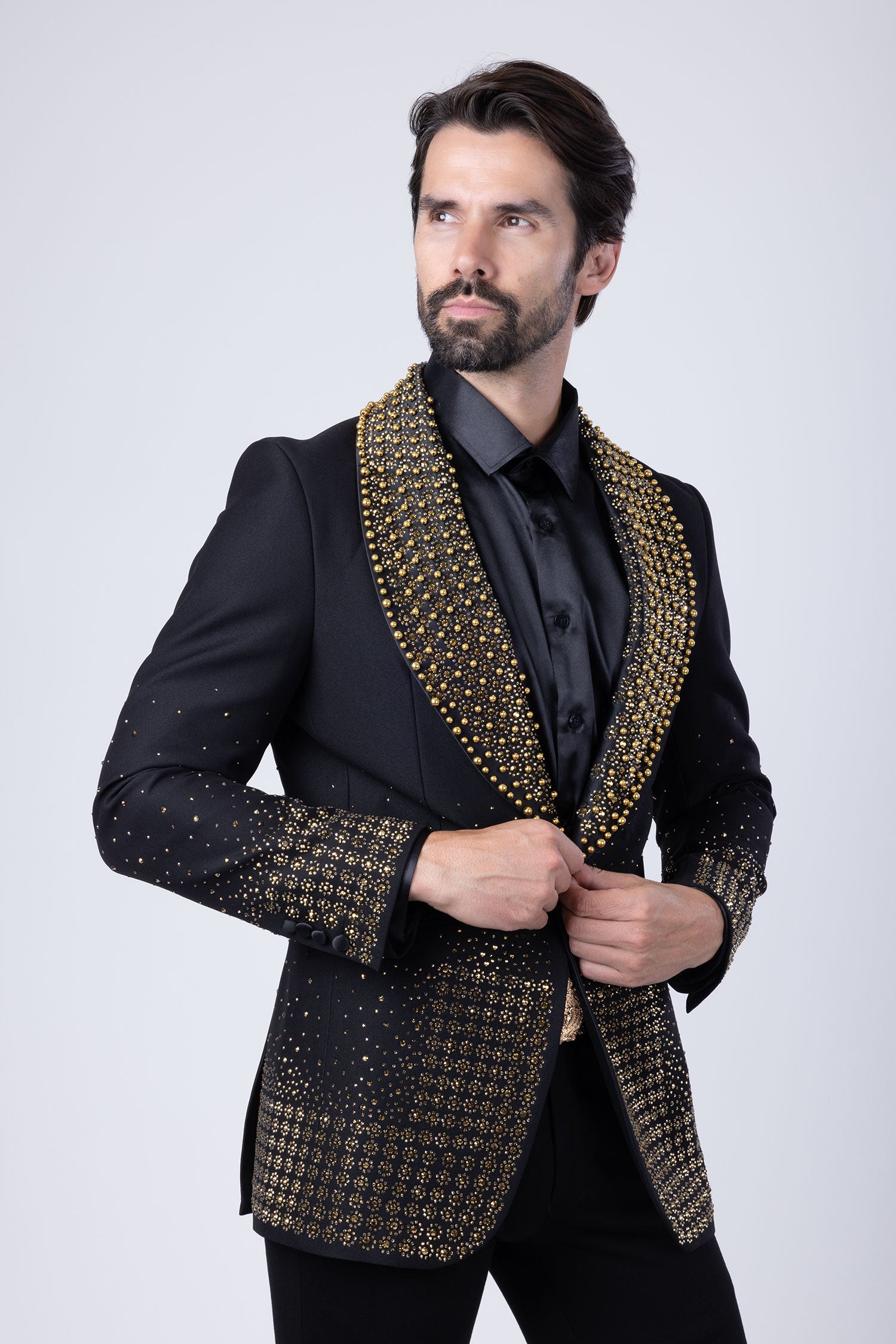 Barabas Men's Rhinestone Studded Geometric Shawl Lapel Blazer 4EBL47 Black Rust