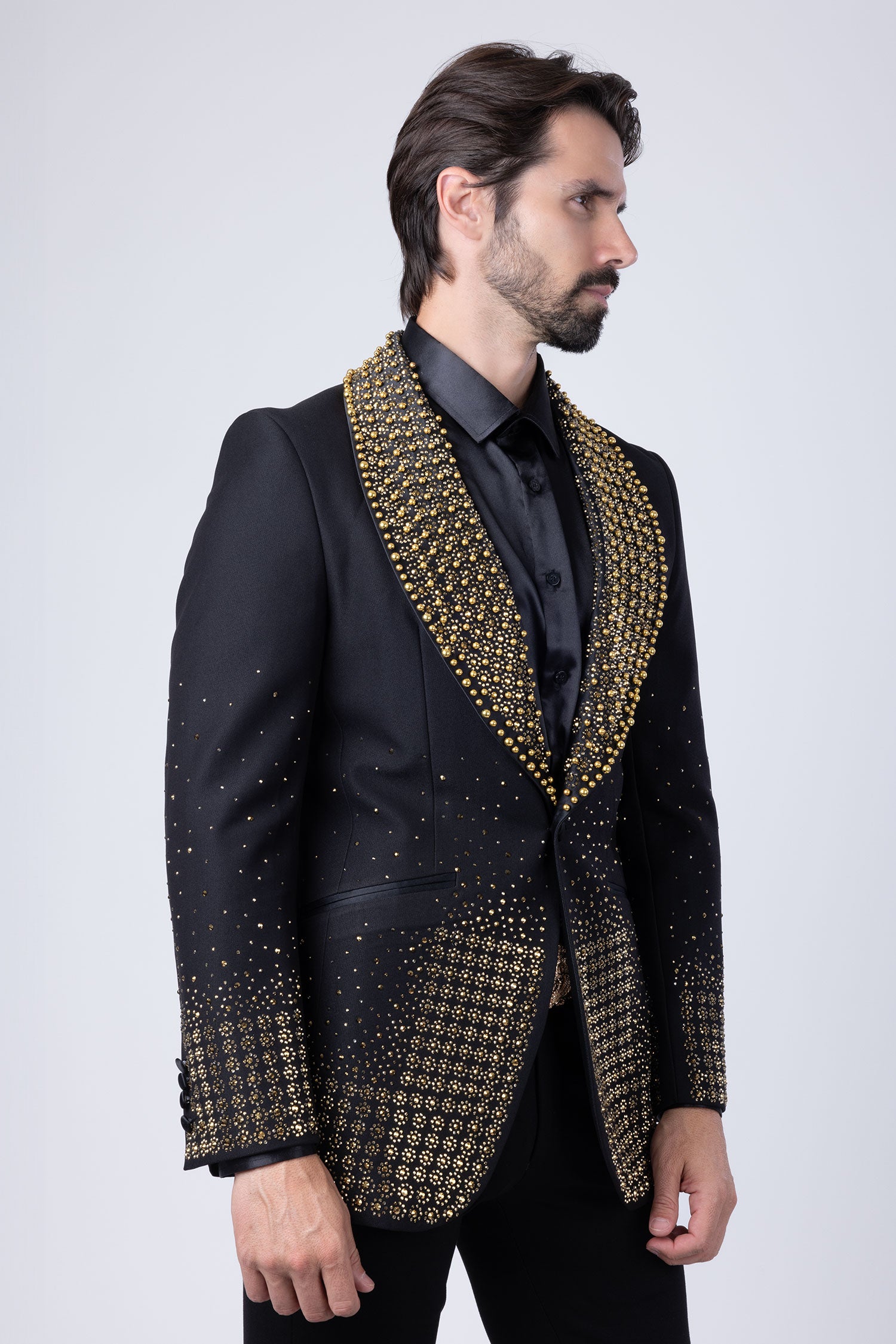 Barabas Men's Rhinestone Studded Geometric Shawl Lapel Blazer 4EBL47 Black Mustard