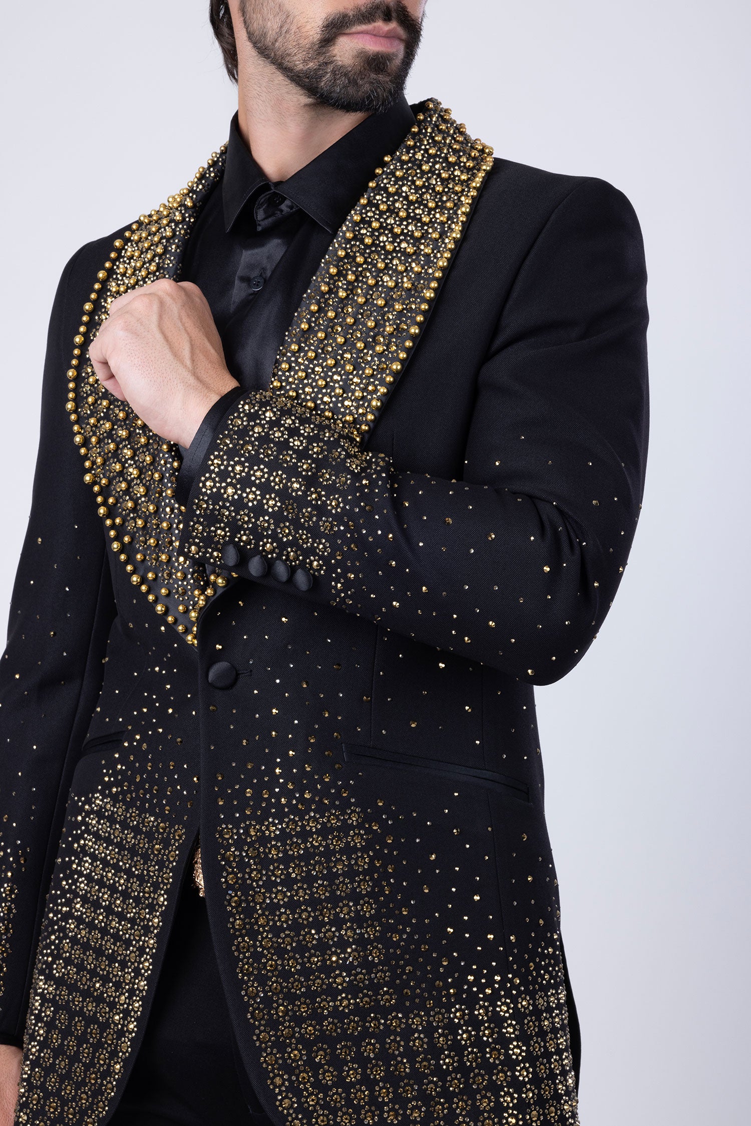 Barabas Men's Rhinestone Studded Geometric Shawl Lapel Blazer 4EBL47 Gold