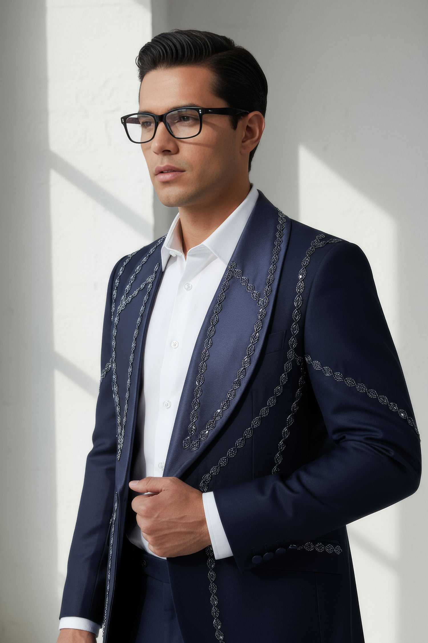 Barabas Men's Geometric Beads Shawl Lapel Blazer 4EBL48 Navy