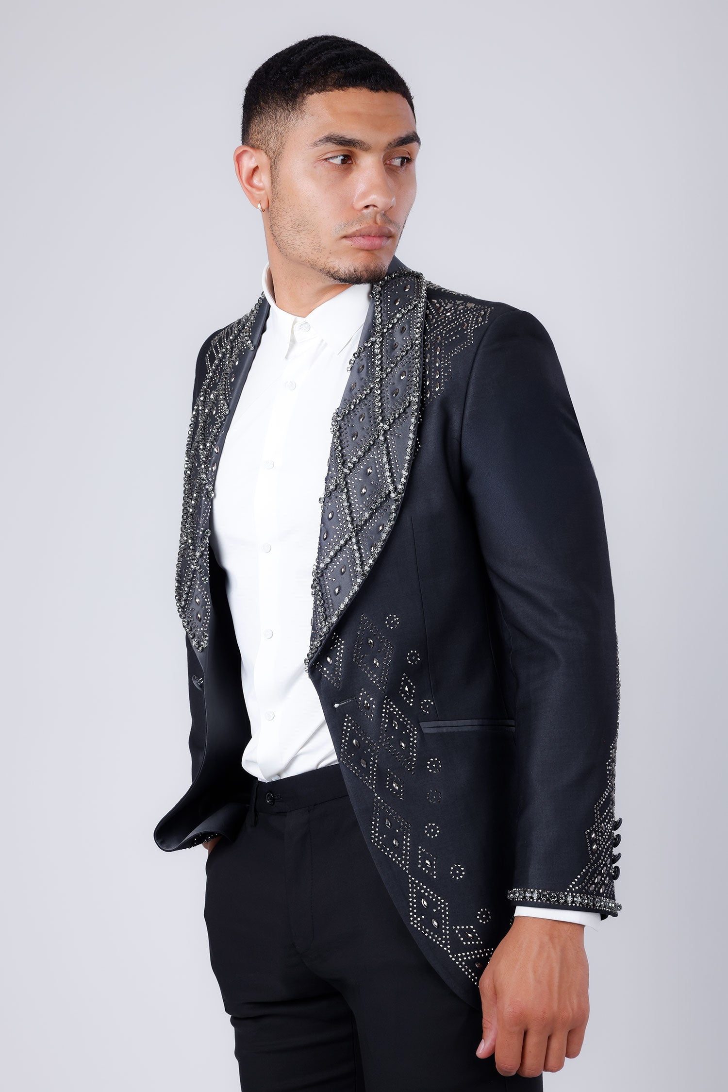 Barabas Men's Rhinestone Crystals Geometric Shawl Lapel Blazer 4EBL51 Charcoal