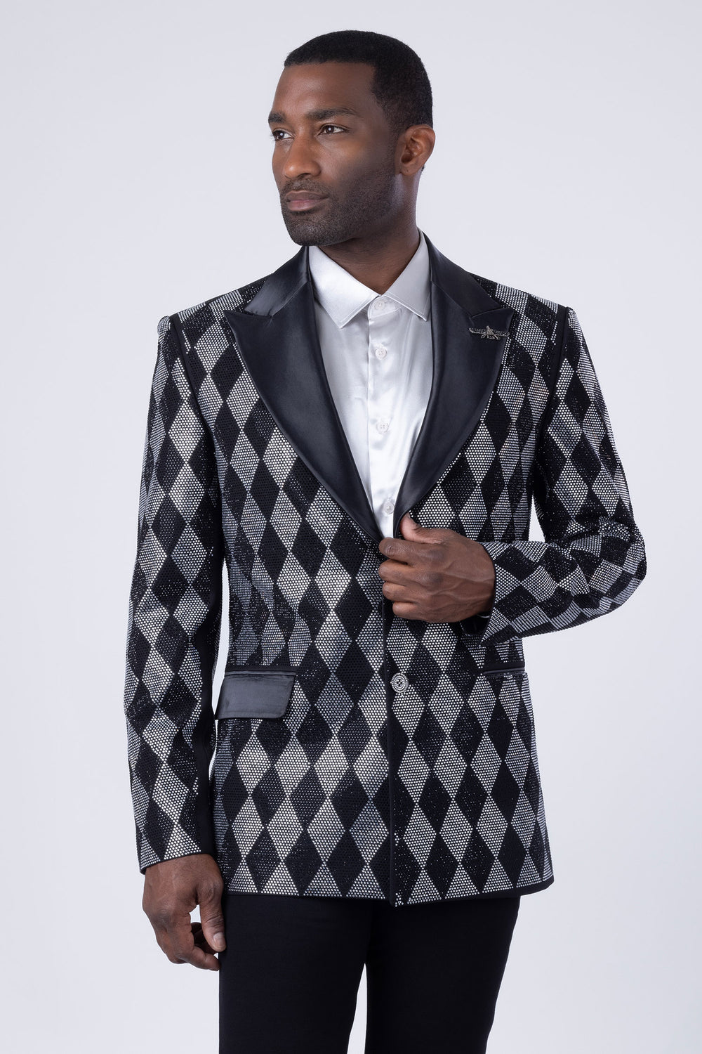 Barabas Men's Checkered Pattern Rhinestones Luxury Blazer 4EBL52 Black