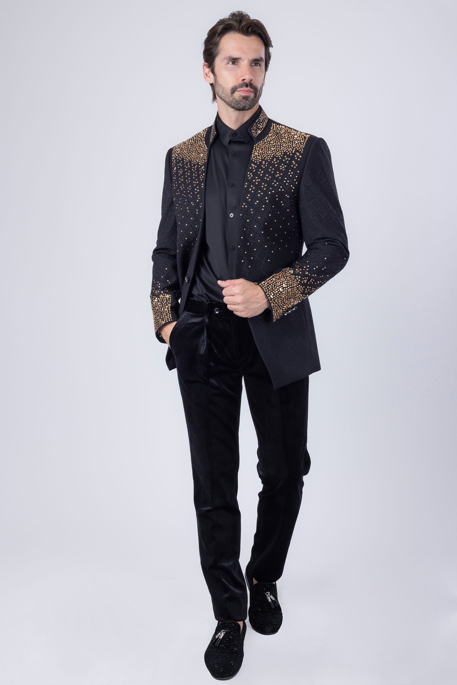 Barabas Men's Geometric Pattern Rhinestone Henley Lapel Blazer 4EBL53 Gold