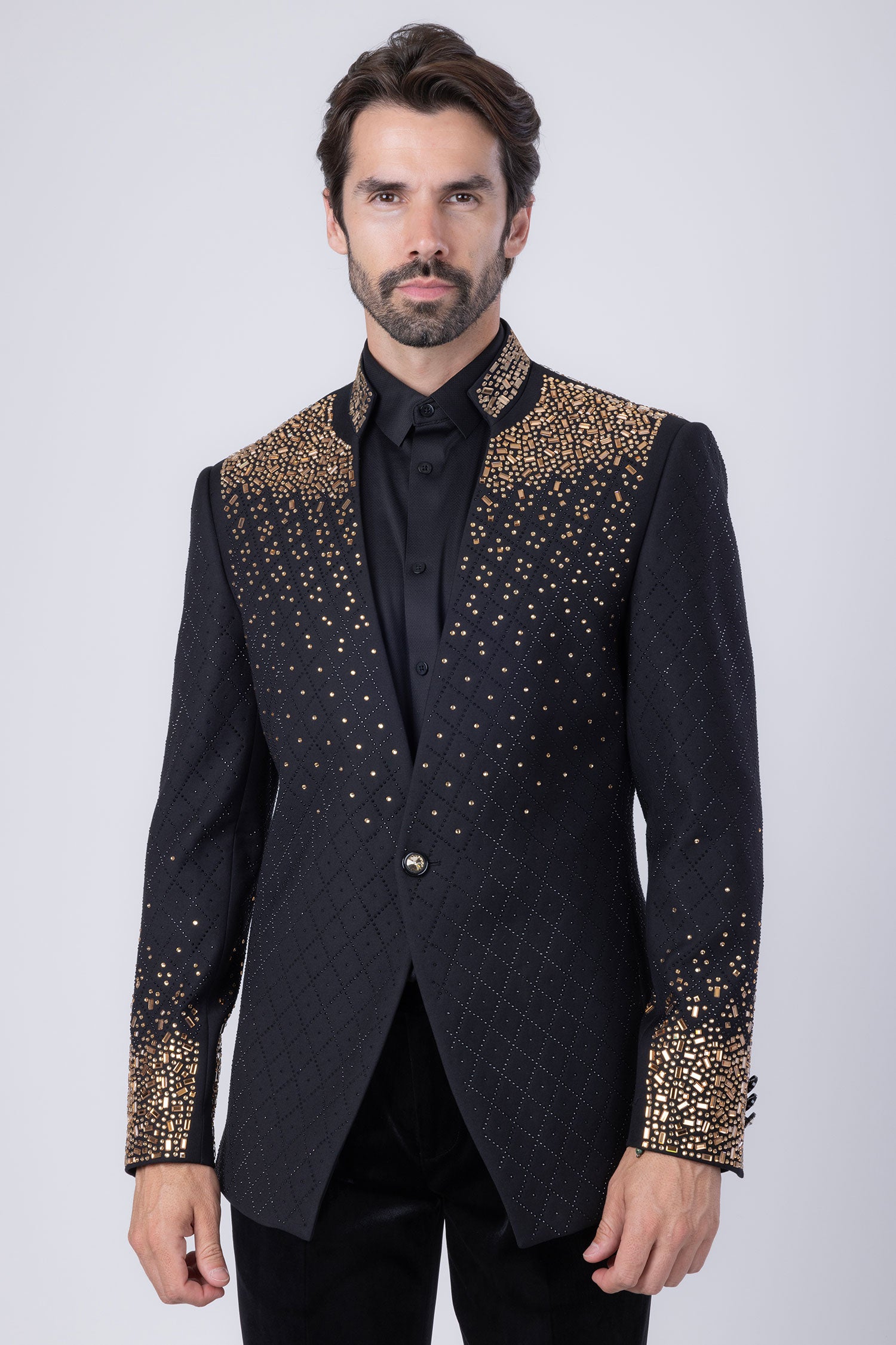 Barabas Men's Geometric Pattern Rhinestone Henley Lapel Blazer 4EBL53 Black Gold