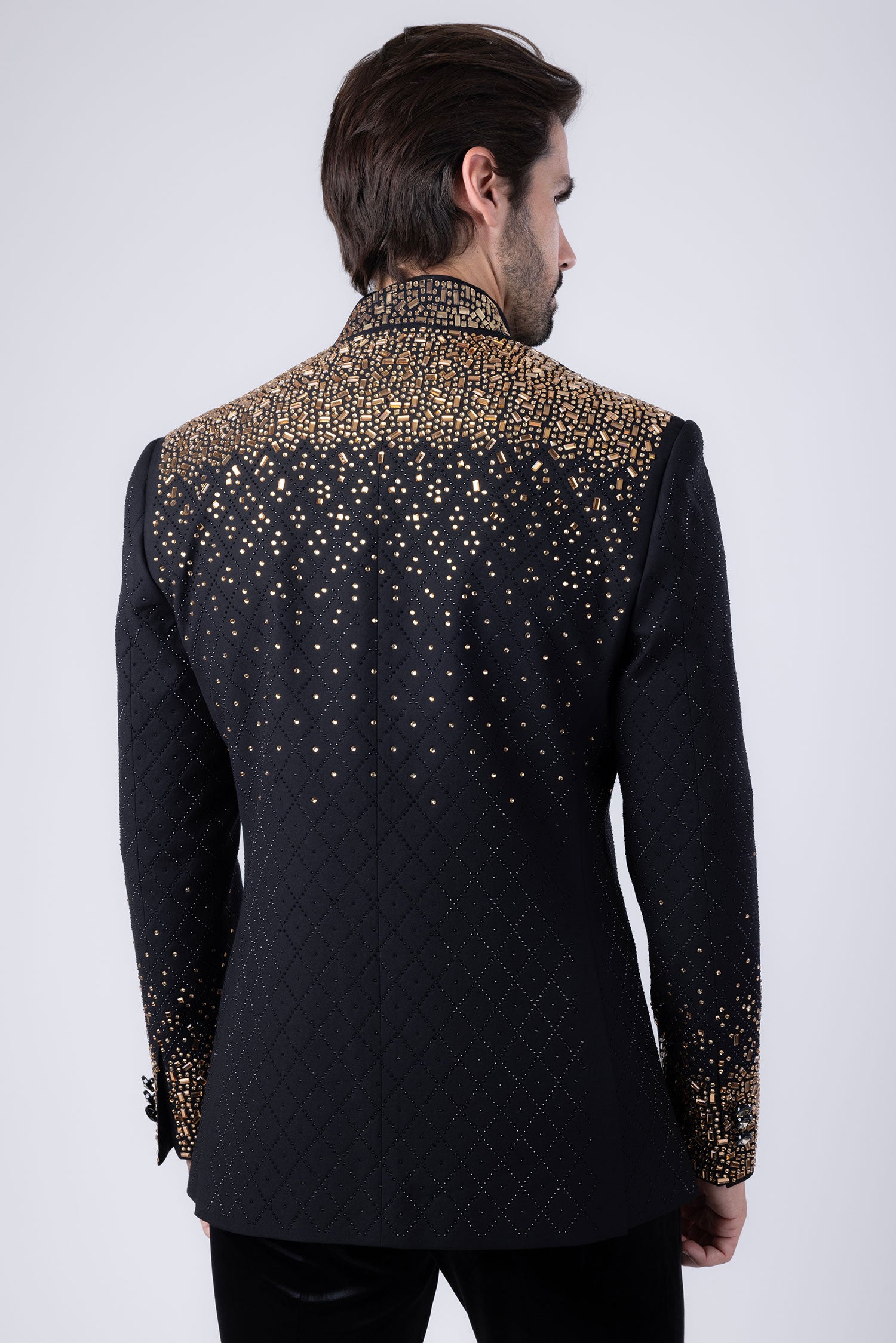 Barabas Men's Geometric Pattern Rhinestone Henley Lapel Blazer 4EBL53 Gold Black