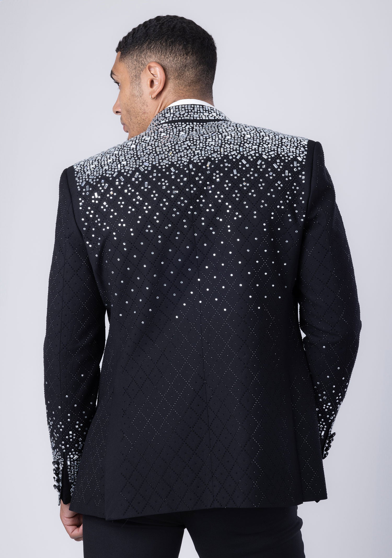 Barabas Men's Geometric Pattern Rhinestone Henley Lapel Blazer 4EBL53 Black