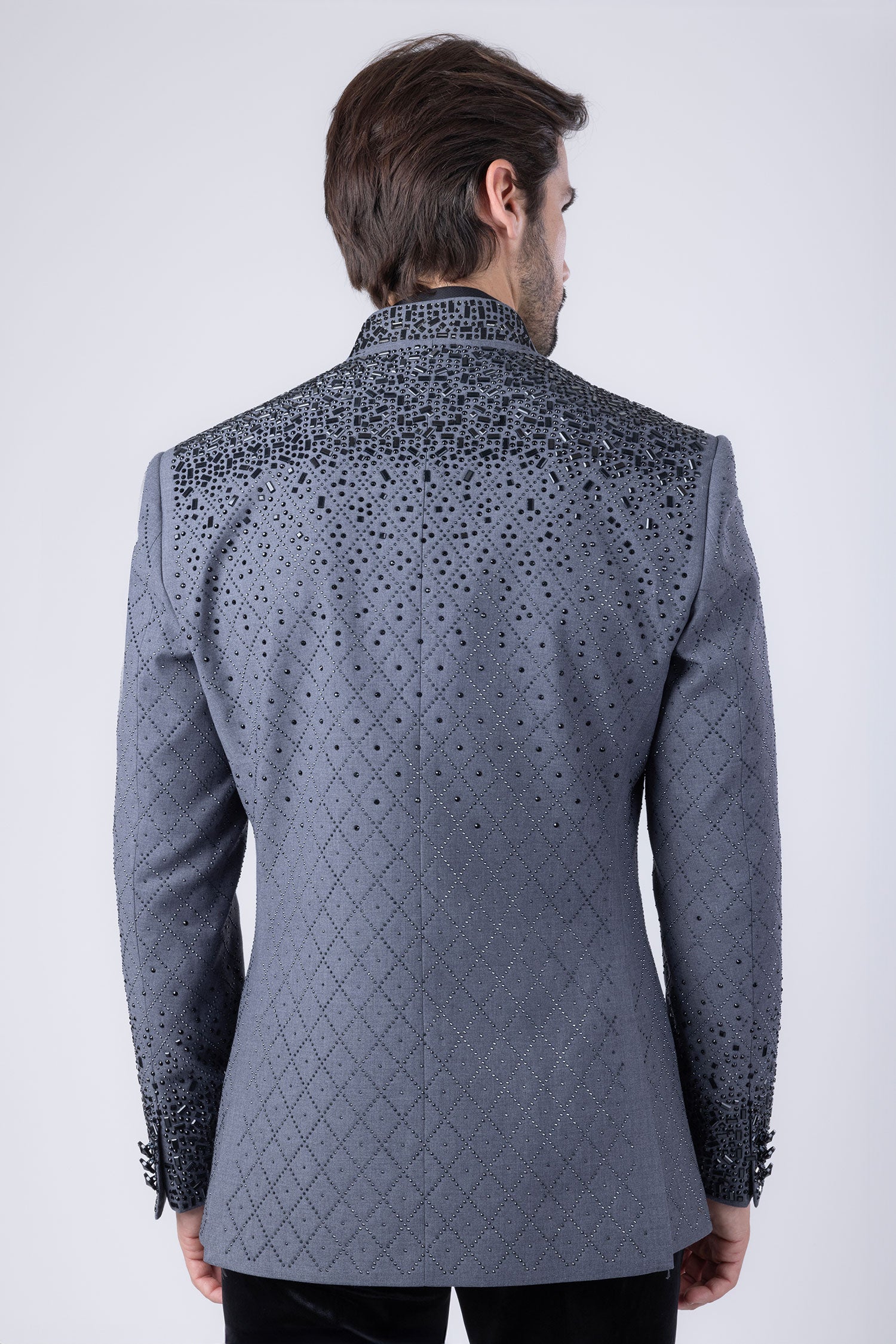 Barabas Men's Geometric Pattern Rhinestone Henley Lapel Blazer 4EBL53 Black