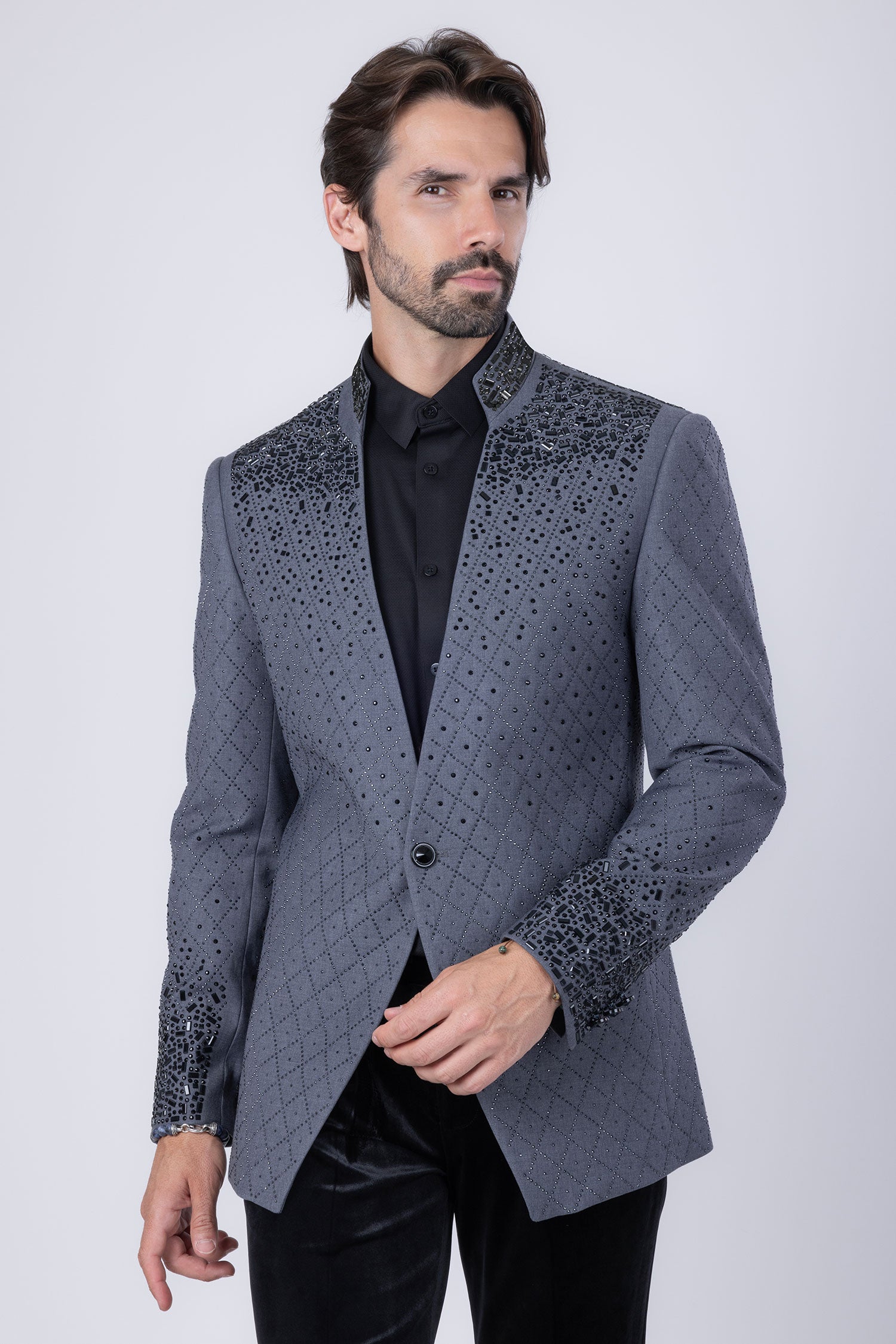 Barabas Men's Geometric Pattern Rhinestone Henley Lapel Blazer 4EBL53 Black Grey