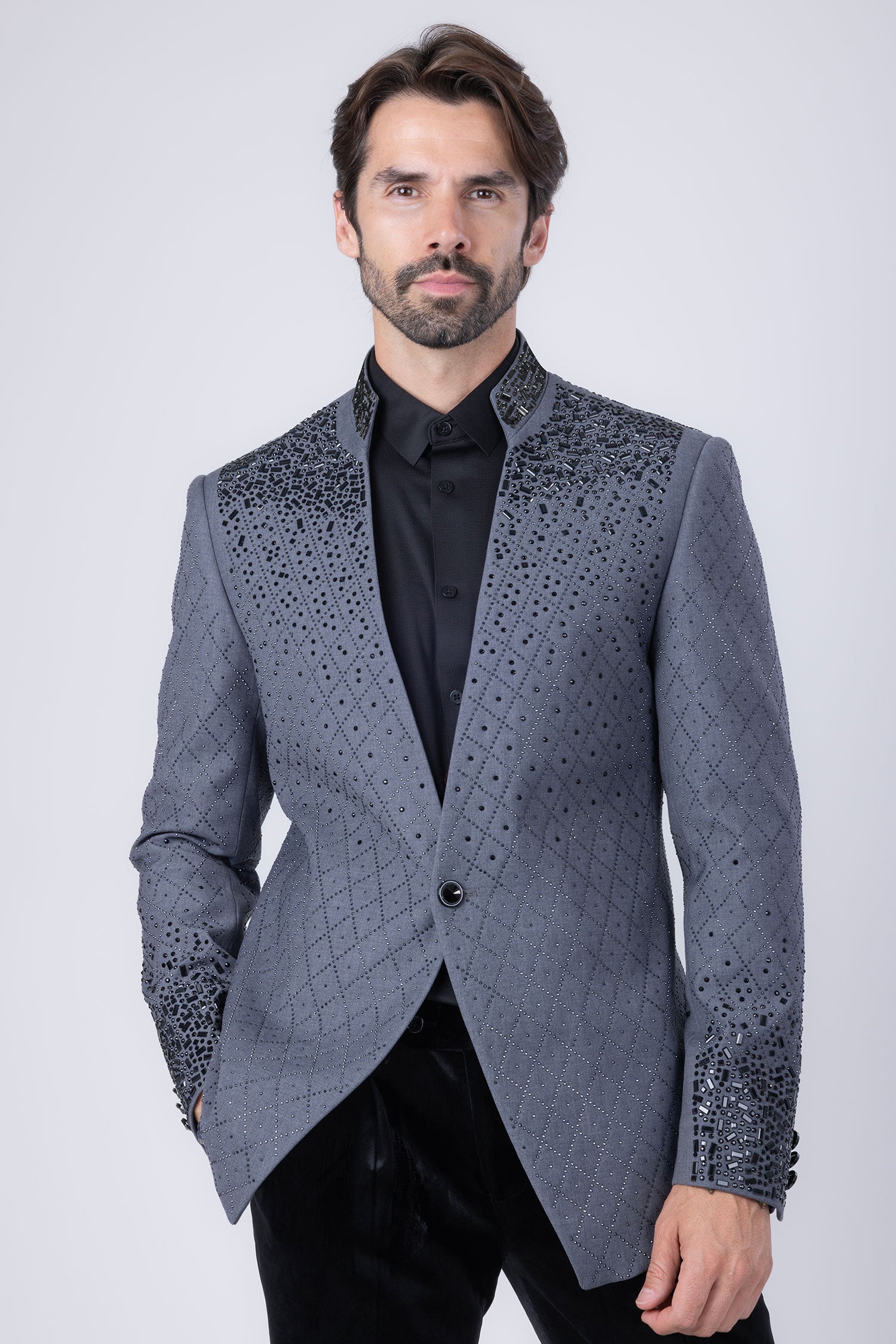 Barabas Men's Geometric Pattern Rhinestone Henley Lapel Blazer 4EBL53 Dark Grey