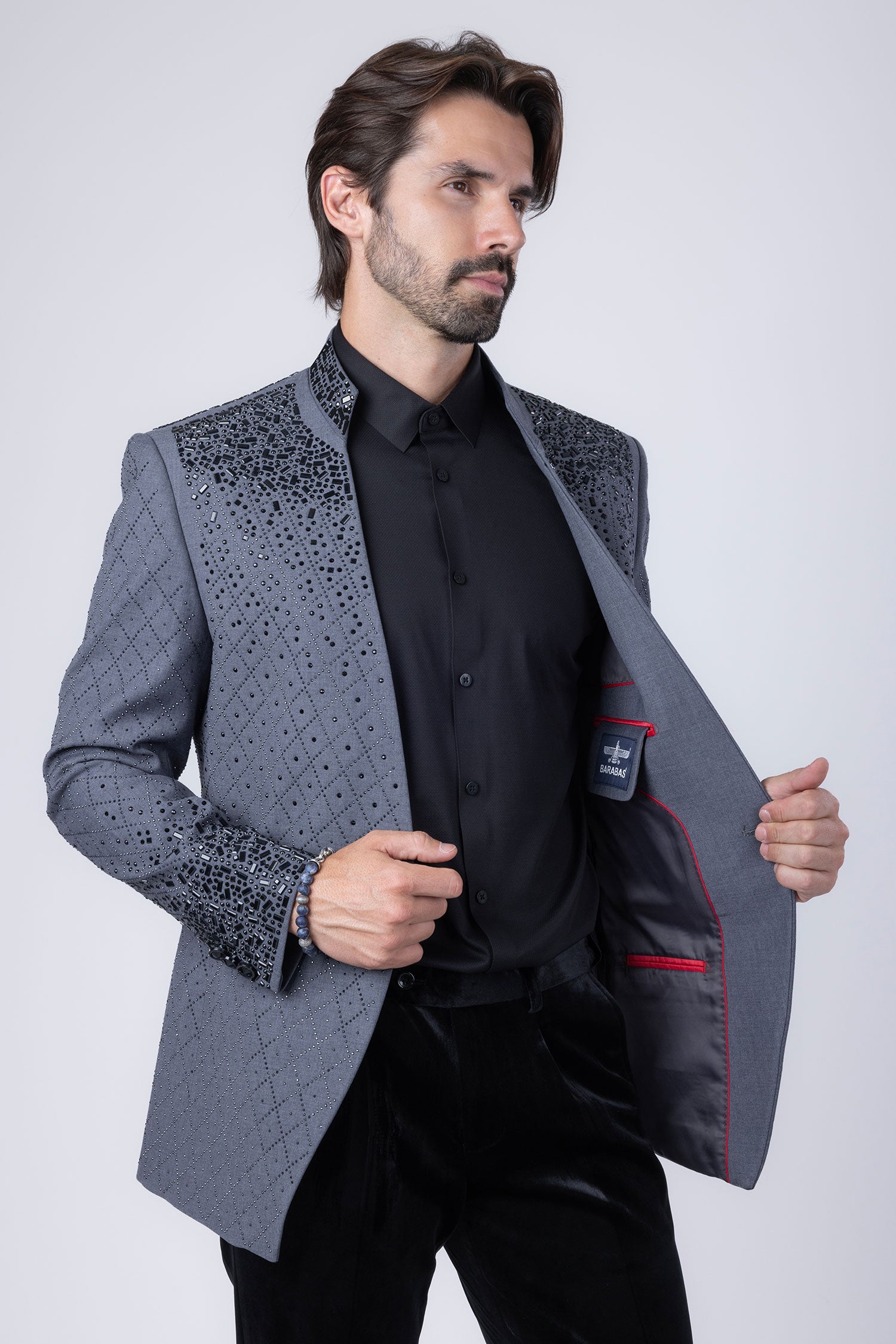 Barabas Men's Geometric Pattern Rhinestone Henley Lapel Blazer 4EBL53 Grey Black