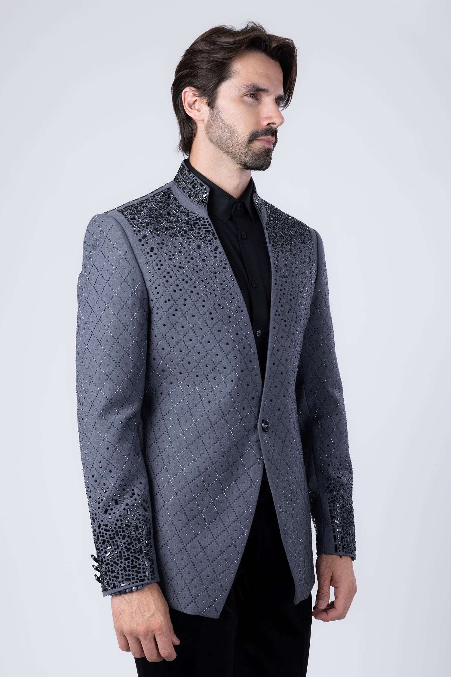 Barabas Men's Geometric Pattern Rhinestone Henley Lapel Blazer 4EBL53 Dark Grey